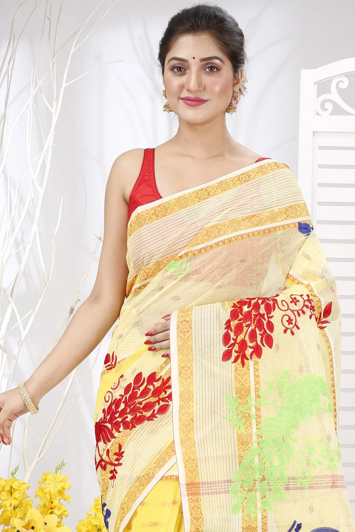 DipDiya Pure Cotton Yellow Embi Debdash Moyur Artisan Crafted Embroidery Tant Sarees