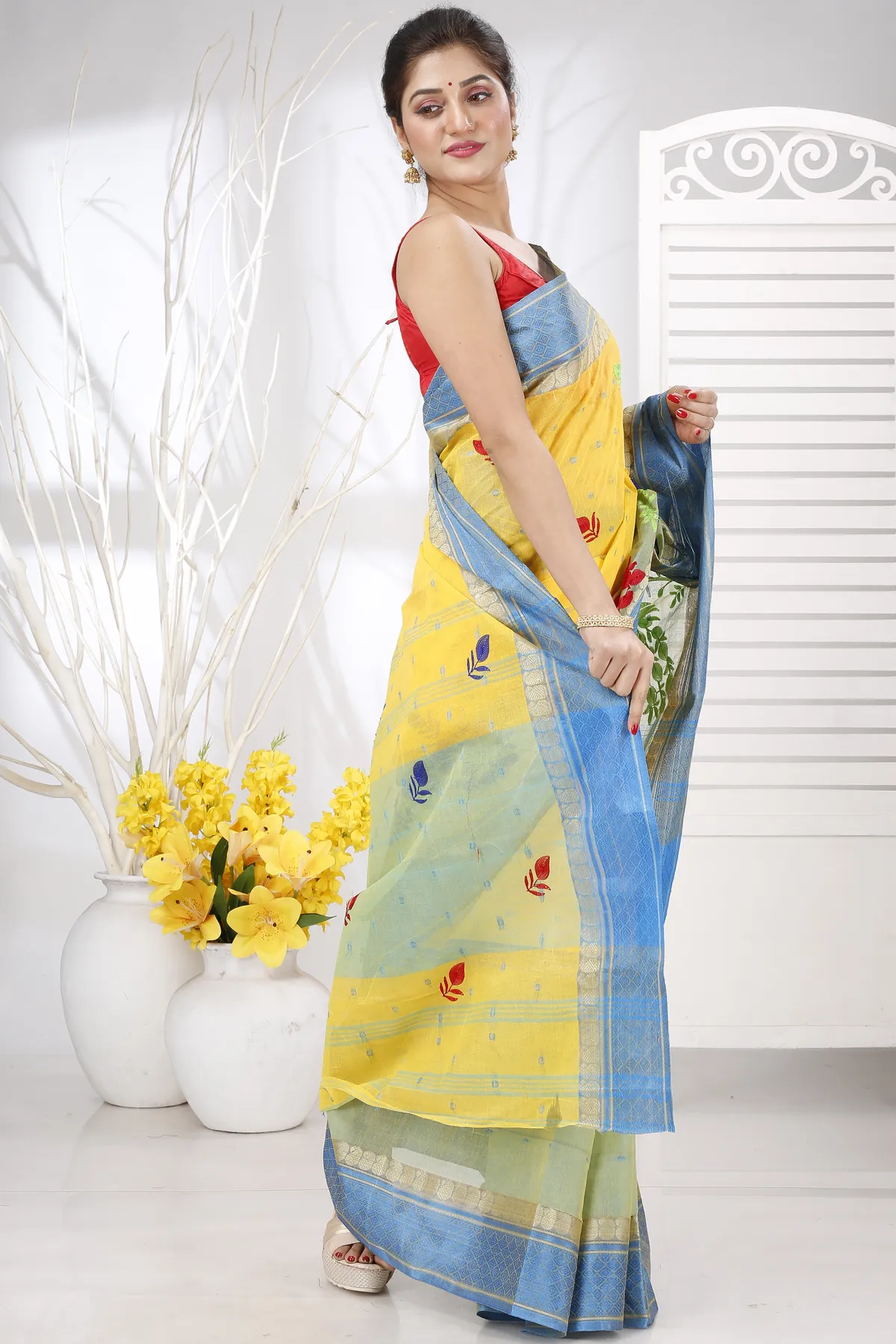 DipDiya Pure Cotton Yellow Embi Ganga Moyur Traditional Bengali Embroidery Tant Sarees