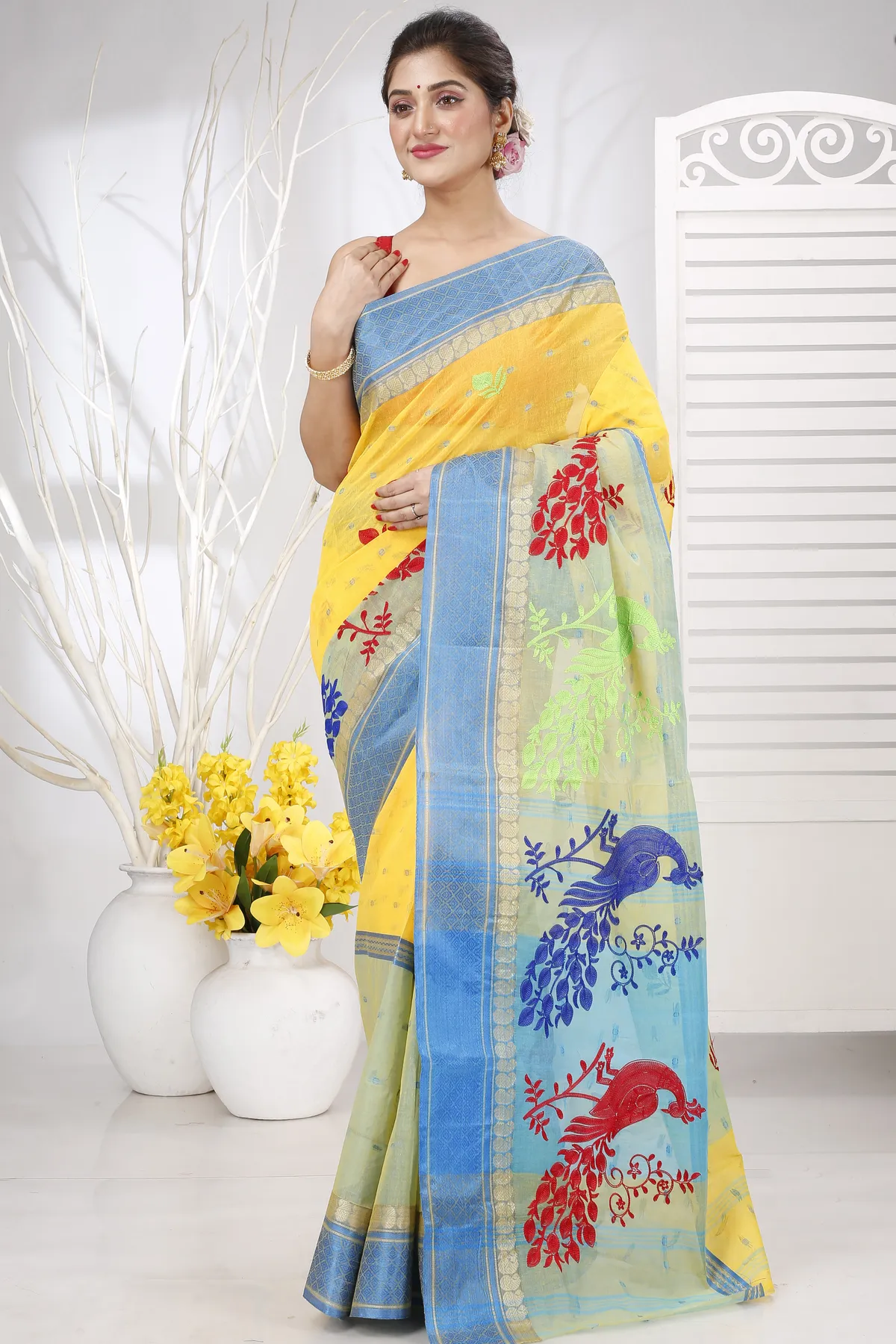 DipDiya Pure Cotton Yellow Embi Ganga Moyur Traditional Bengali Embroidery Tant Sarees