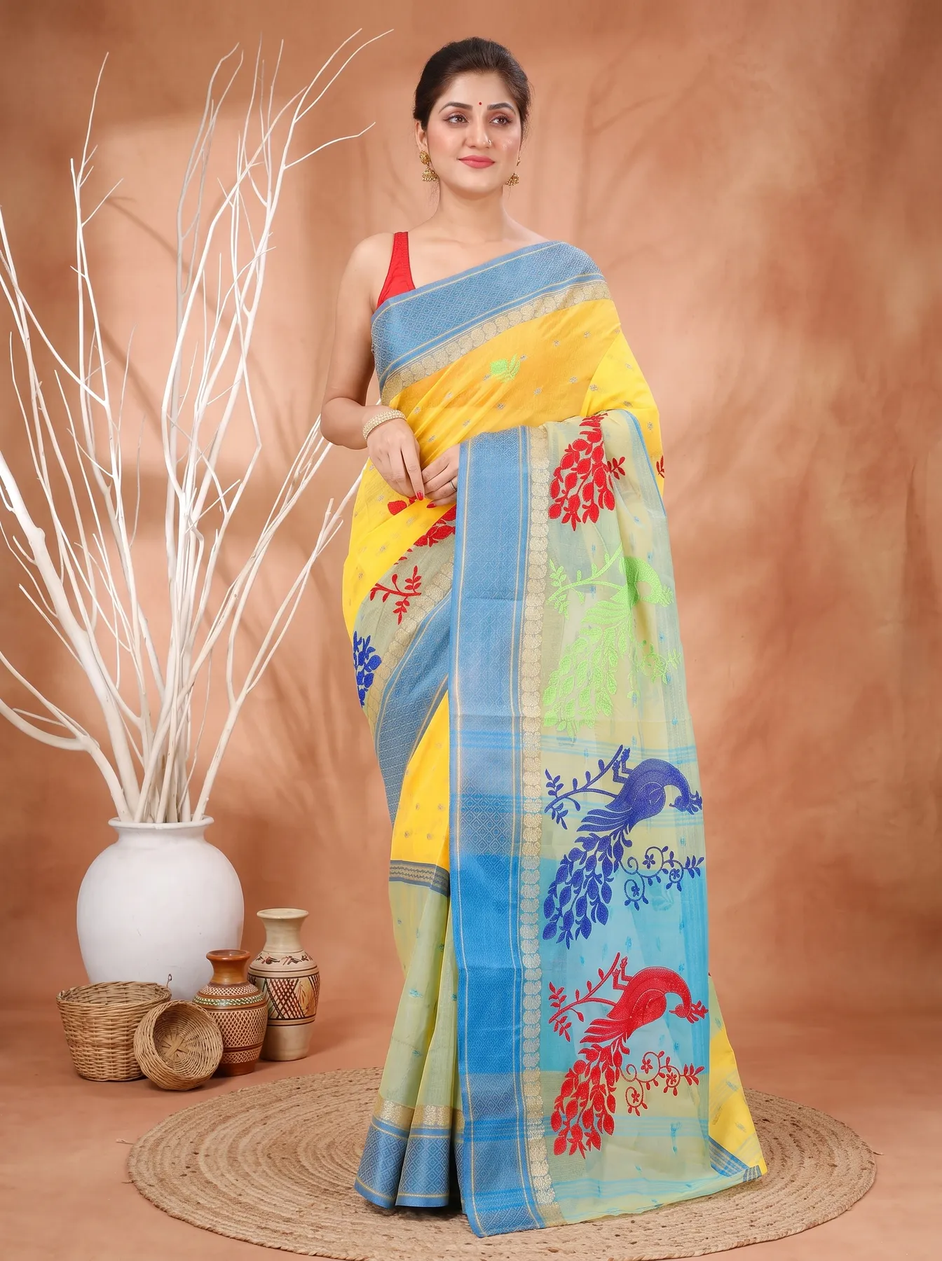 DipDiya Pure Cotton Yellow Embi Ganga Moyur Traditional Bengali Embroidery Tant Sarees