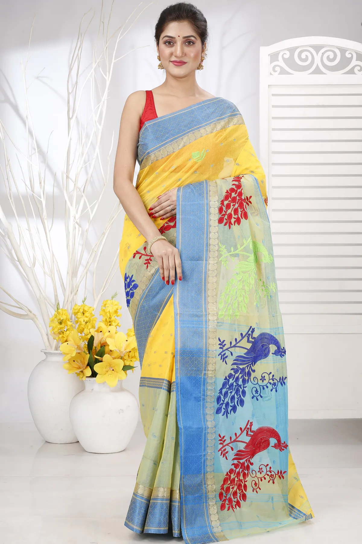 DipDiya Pure Cotton Yellow Embi Ganga Moyur Traditional Bengali Embroidery Tant Sarees