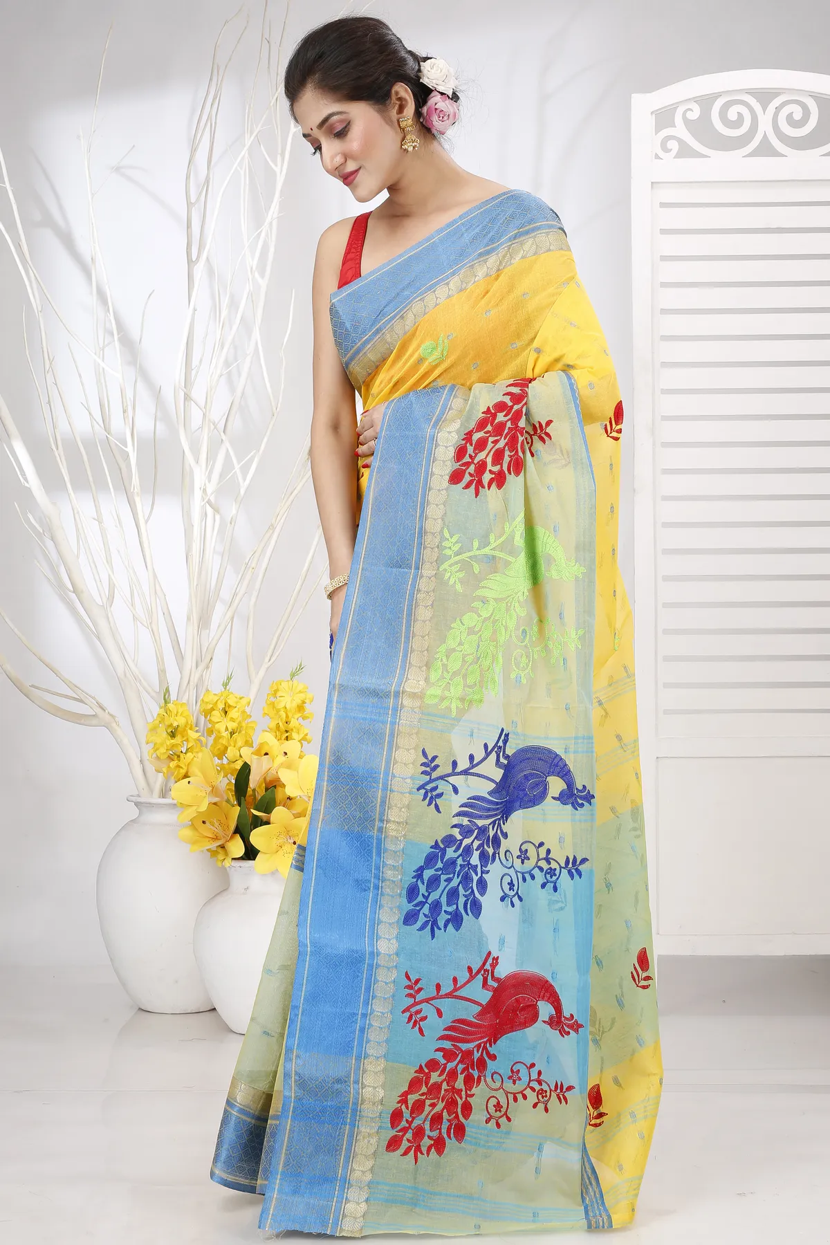 DipDiya Pure Cotton Yellow Embi Ganga Moyur Traditional Bengali Embroidery Tant Sarees