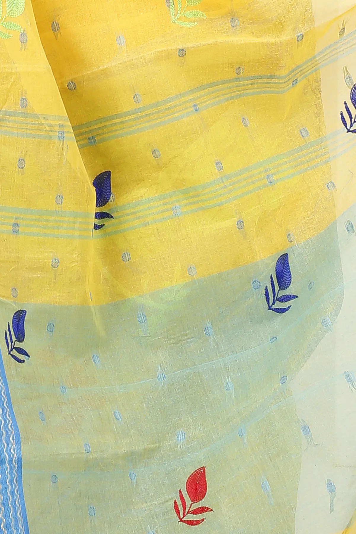 DipDiya Pure Cotton Yellow Embi Ganga Moyur Traditional Bengali Embroidery Tant Sarees