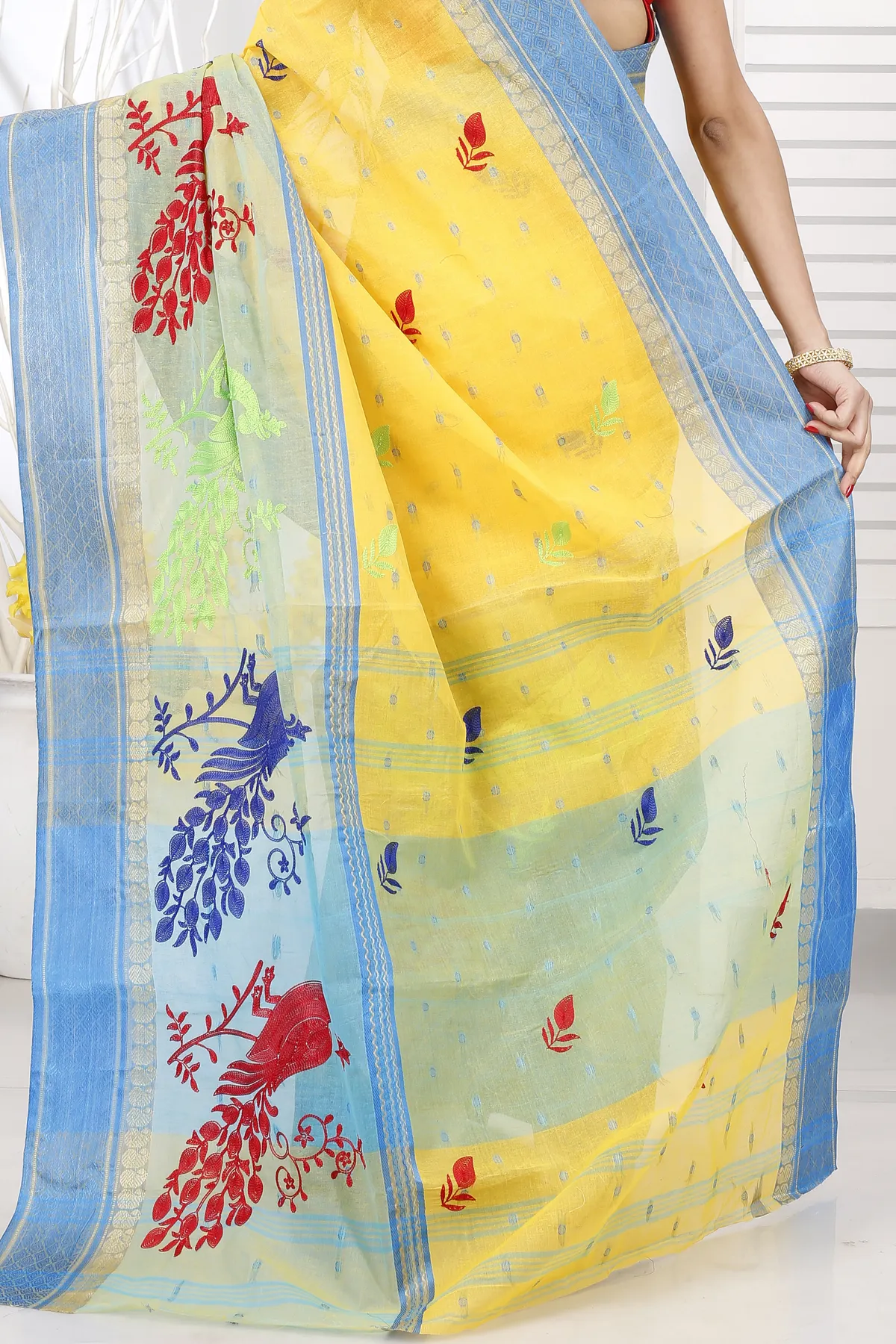 DipDiya Pure Cotton Yellow Embi Ganga Moyur Traditional Bengali Embroidery Tant Sarees