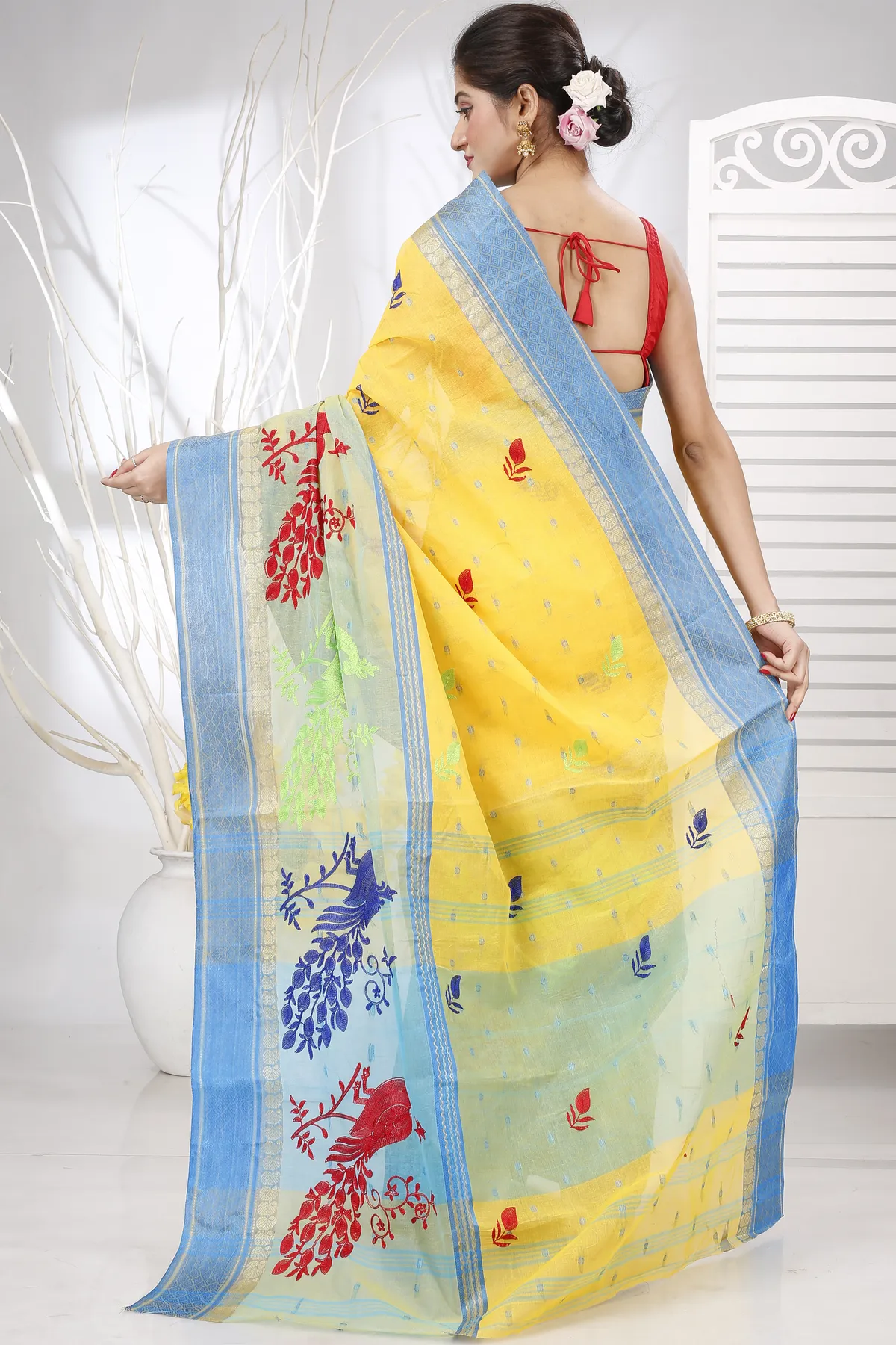 DipDiya Pure Cotton Yellow Embi Ganga Moyur Traditional Bengali Embroidery Tant Sarees