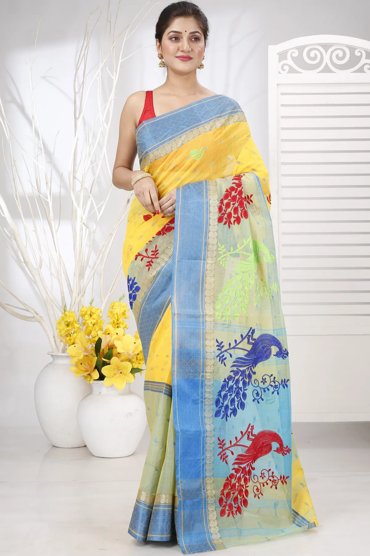 DipDiya Pure Cotton Yellow Embi Ganga Moyur Traditional Bengali Embroidery Tant Sarees