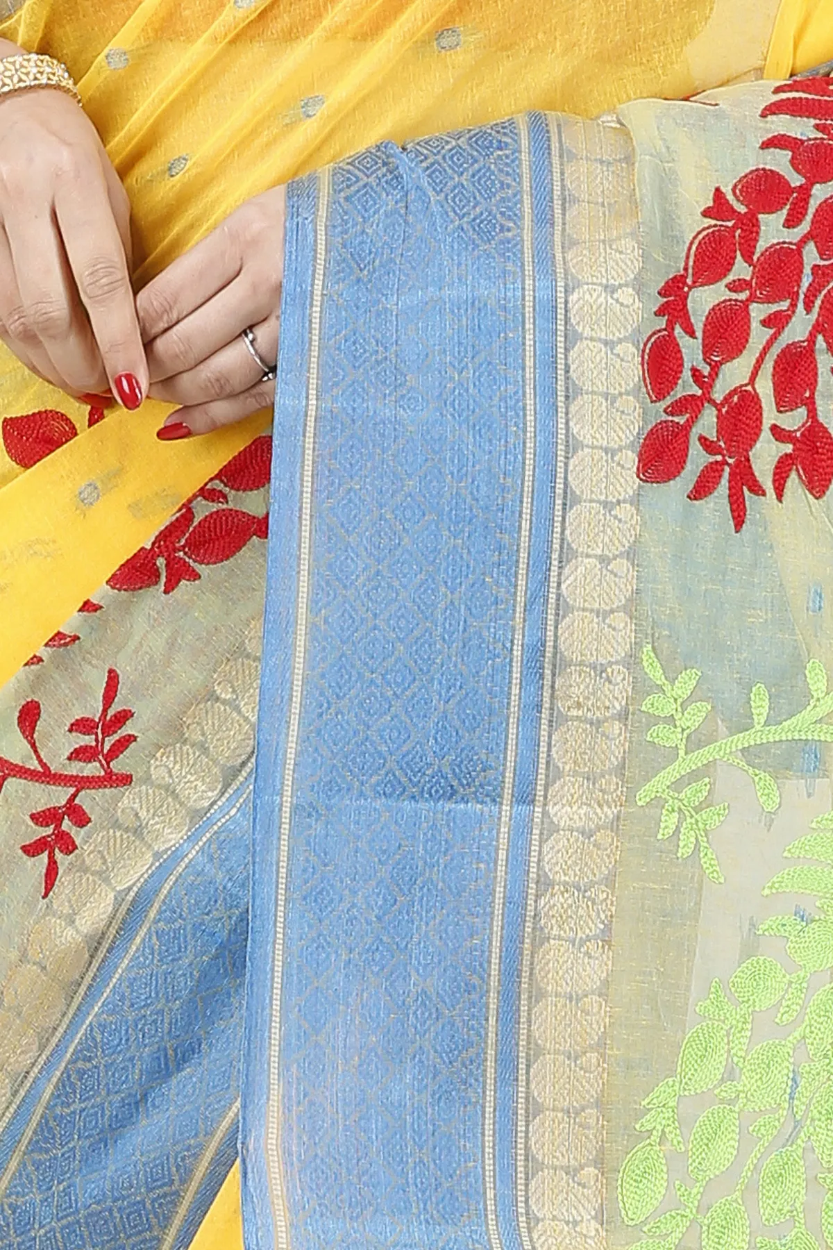 DipDiya Pure Cotton Yellow Embi Ganga Moyur Traditional Bengali Embroidery Tant Sarees