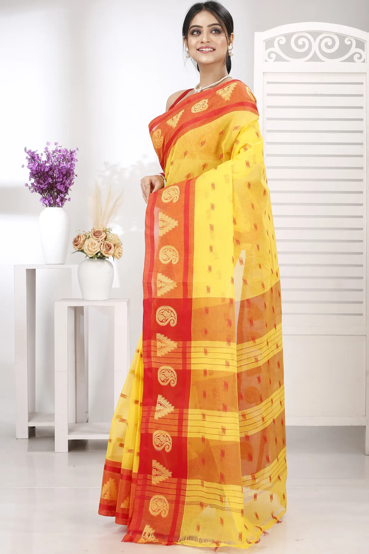 DipDiya Pure Cotton Yellow Emma Border Heritage Elegance Tant Sarees