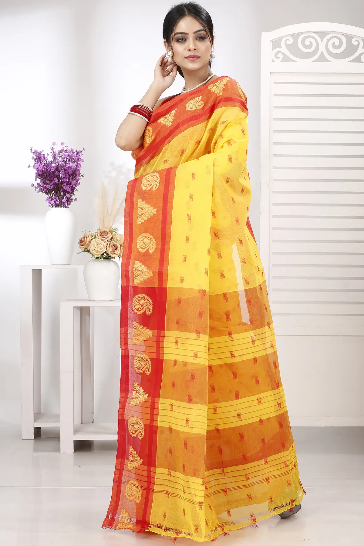 DipDiya Pure Cotton Yellow Emma Border Heritage Elegance Tant Sarees