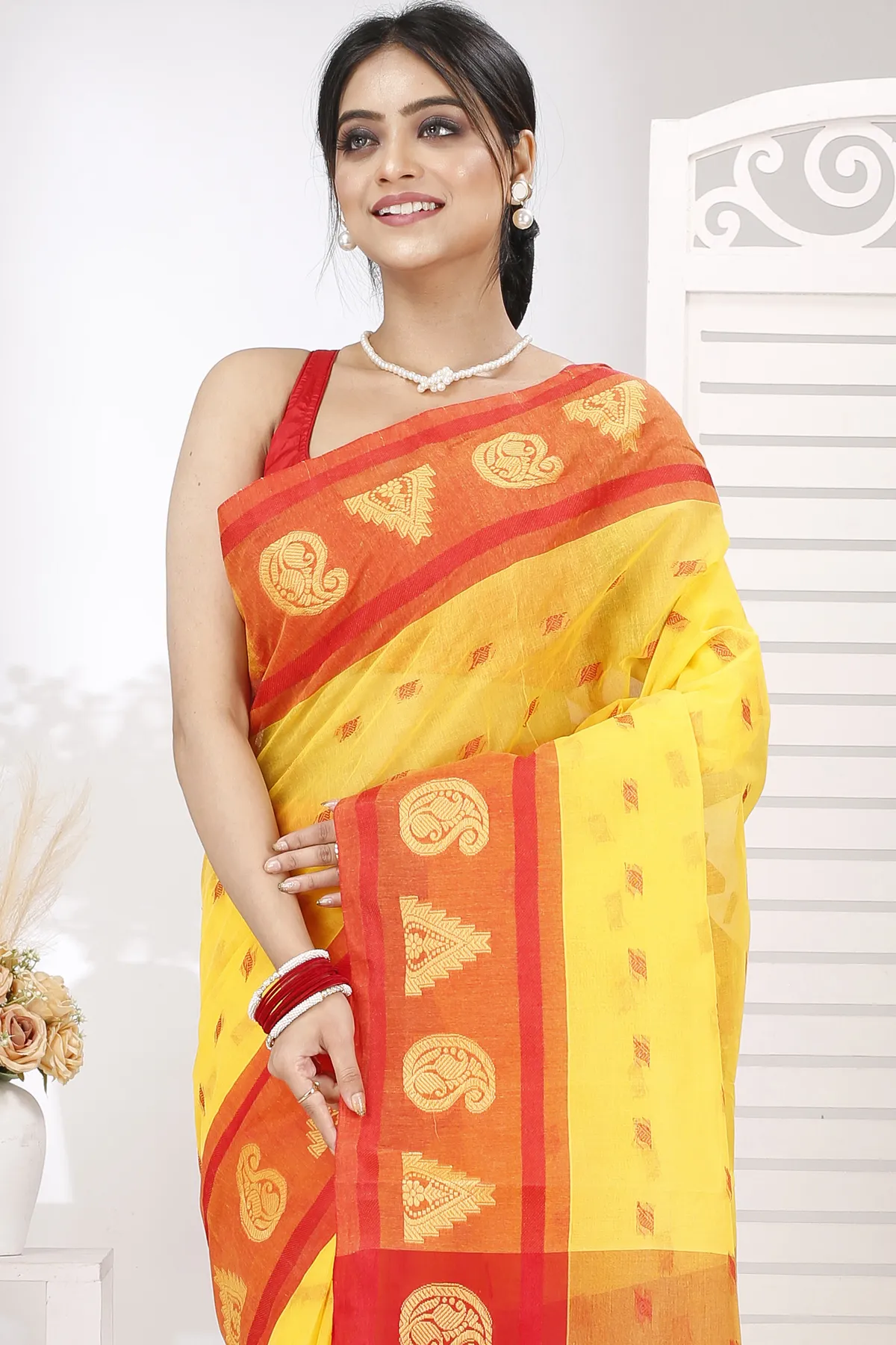 DipDiya Pure Cotton Yellow Emma Border Heritage Elegance Tant Sarees