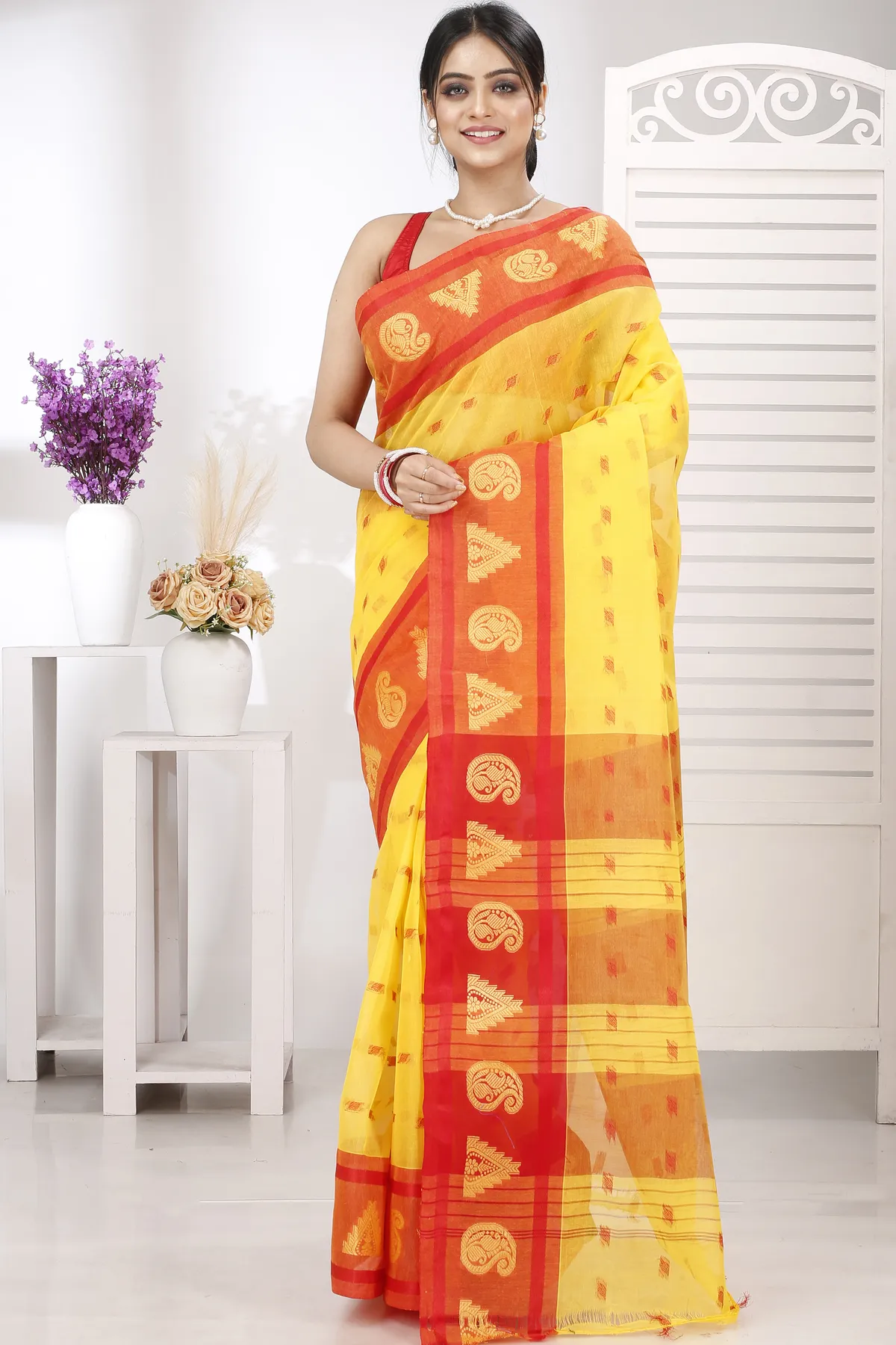 DipDiya Pure Cotton Yellow Emma Border Heritage Elegance Tant Sarees