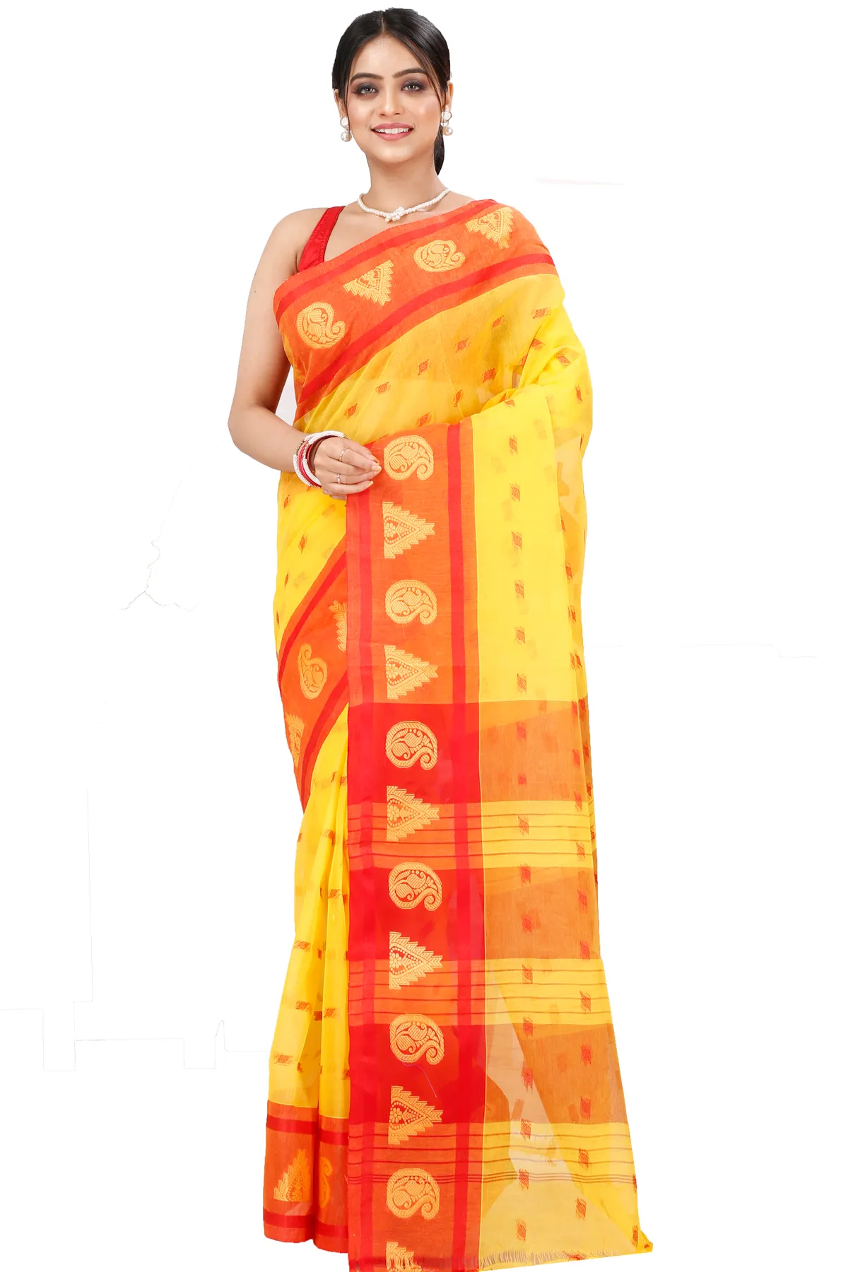 DipDiya Pure Cotton Yellow Emma Border Heritage Elegance Tant Sarees