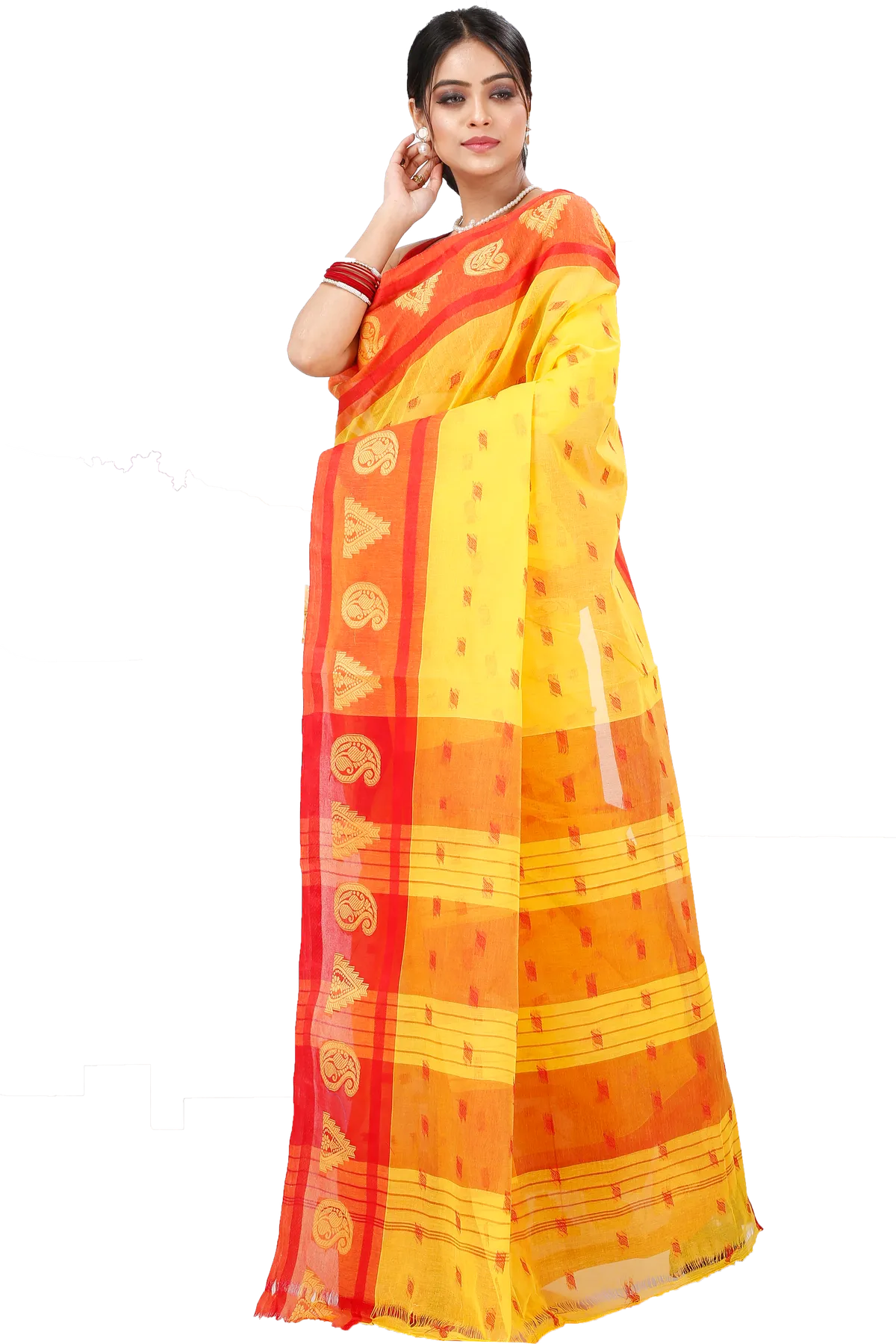 DipDiya Pure Cotton Yellow Emma Border Heritage Elegance Tant Sarees