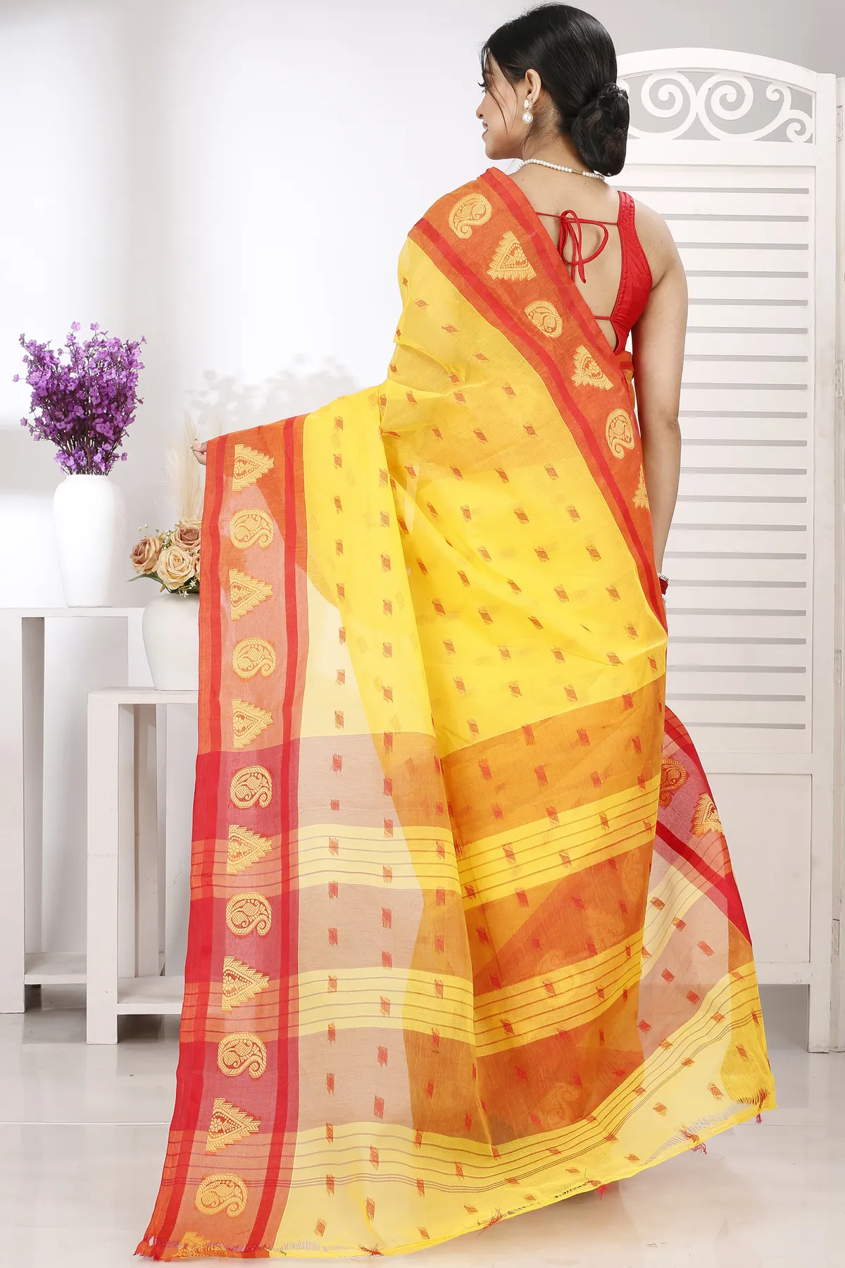 DipDiya Pure Cotton Yellow Emma Border Heritage Elegance Tant Sarees