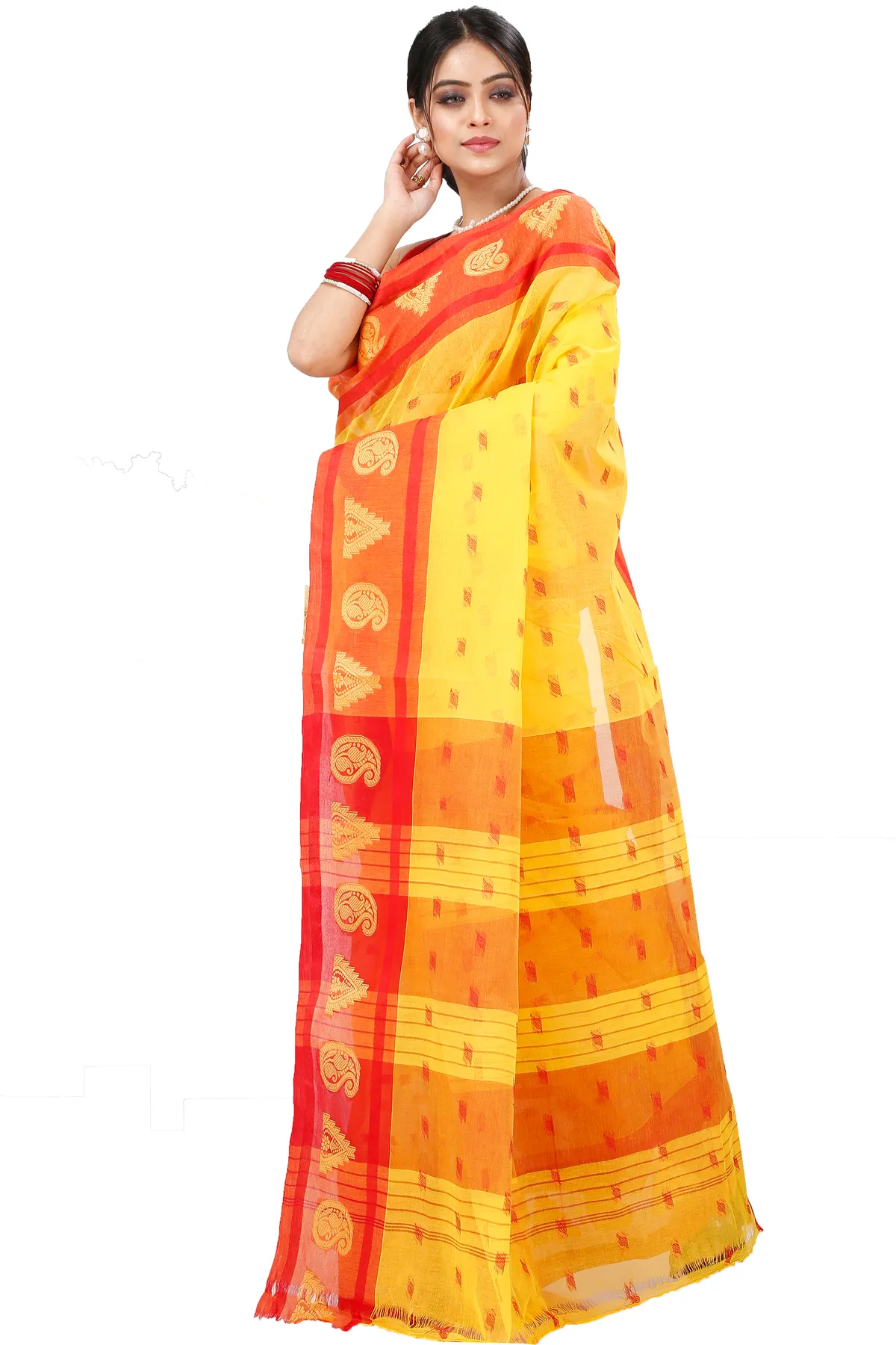 DipDiya Pure Cotton Yellow Emma Border Heritage Elegance Tant Sarees