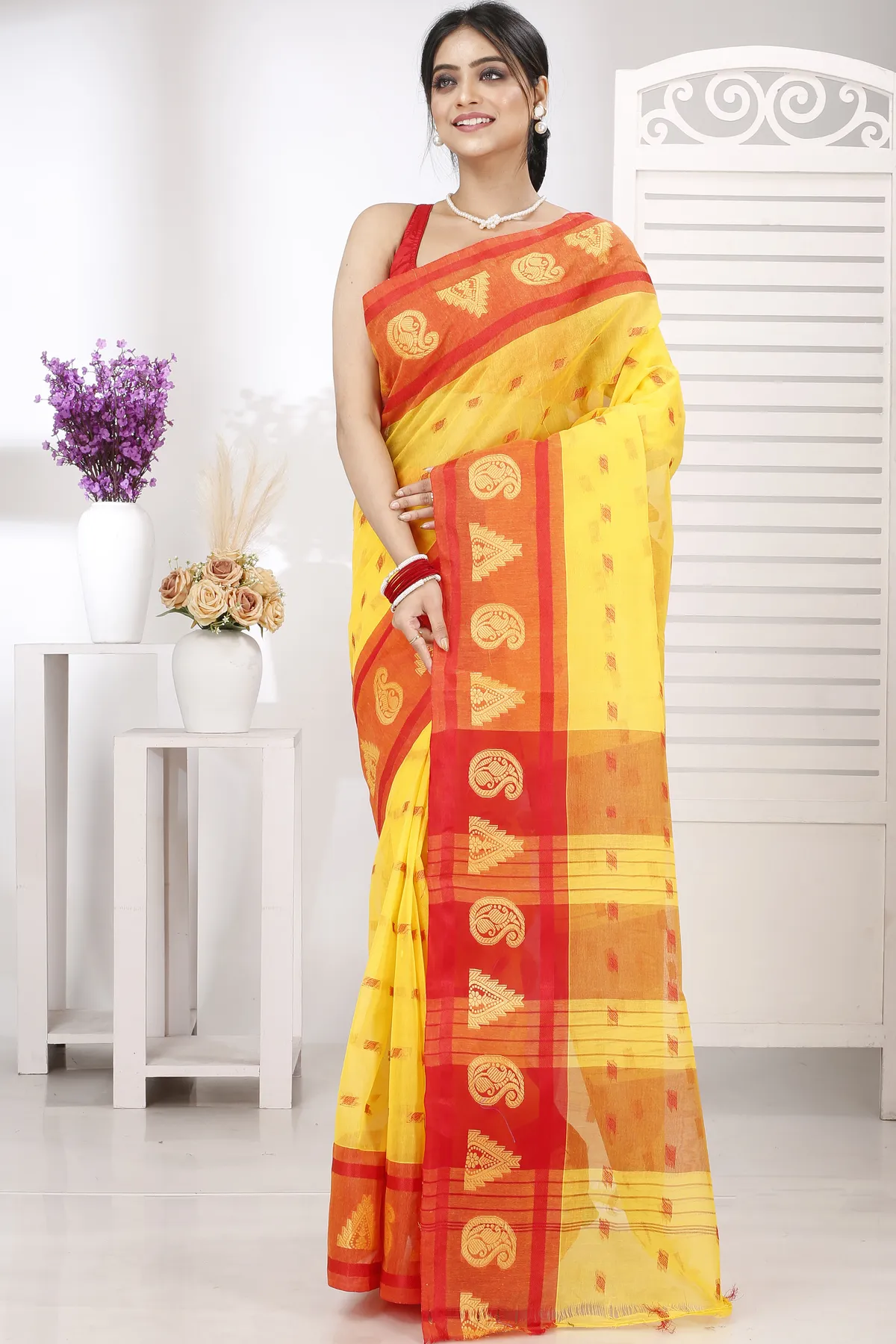 DipDiya Pure Cotton Yellow Emma Border Heritage Elegance Tant Sarees