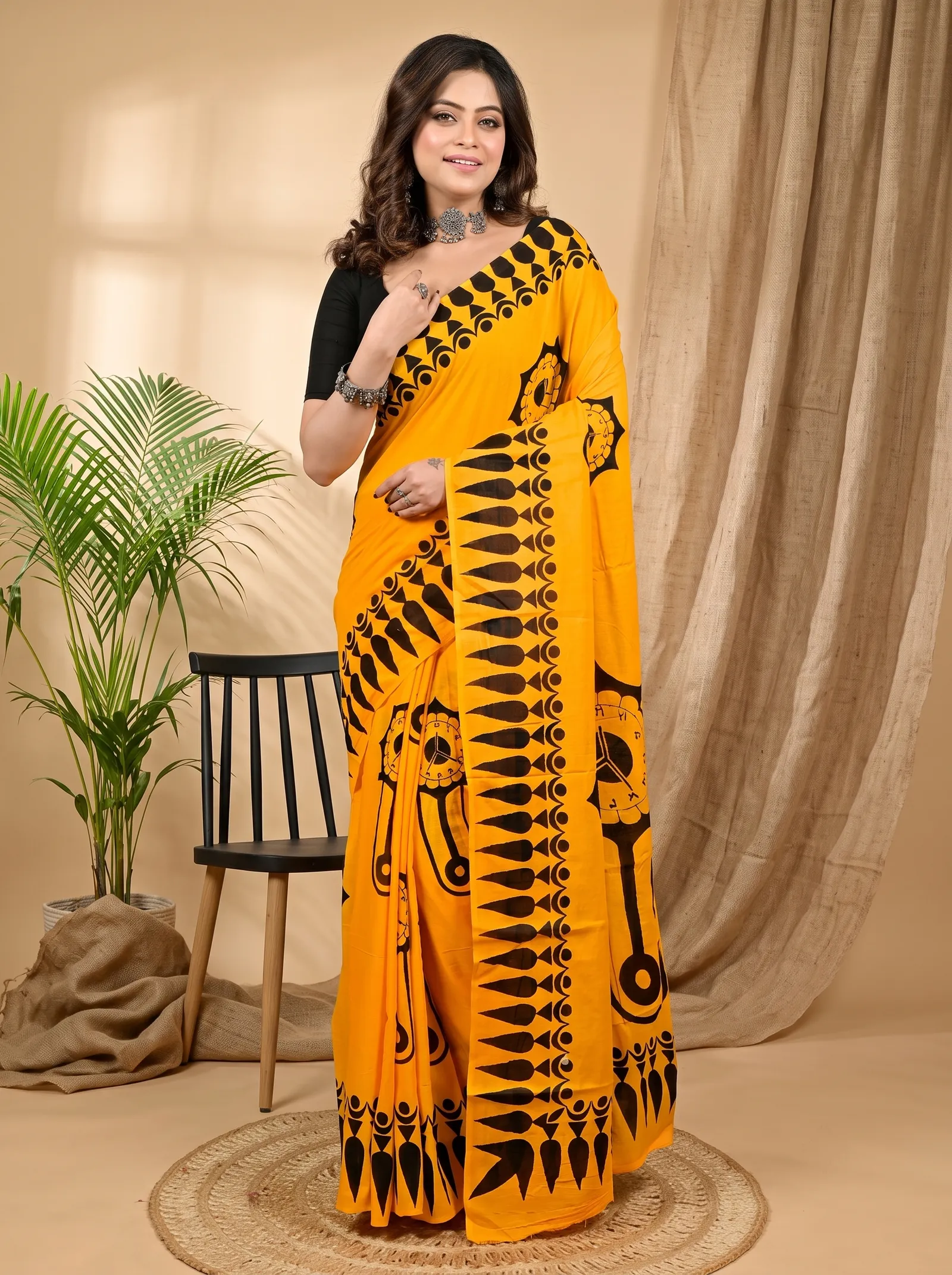 DipDiya Pure Cotton Yellow Febui Bengali Heritage Printed Handloom Sarees