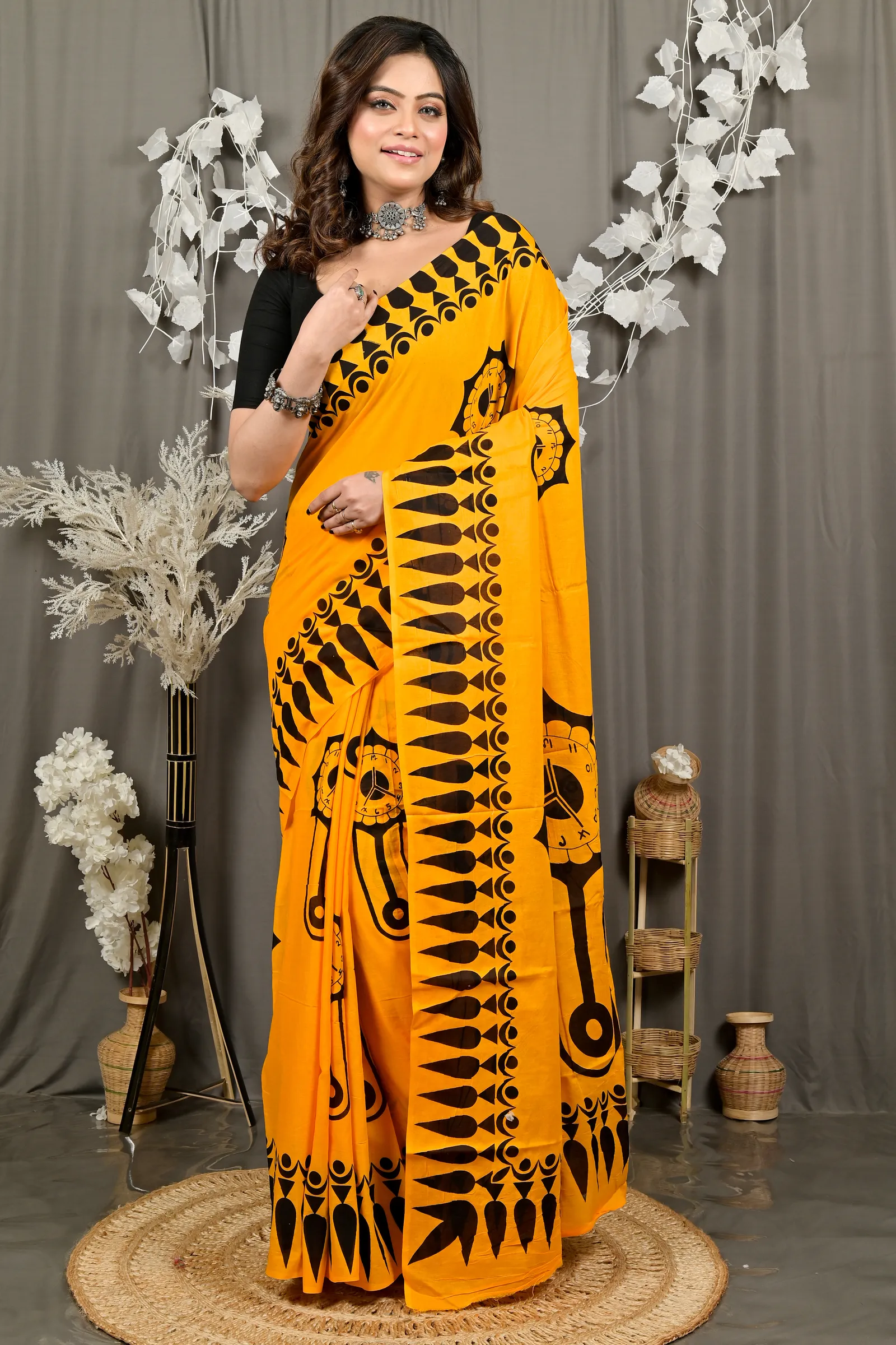 DipDiya Pure Cotton Yellow Febui Bengali Heritage Printed Handloom Sarees