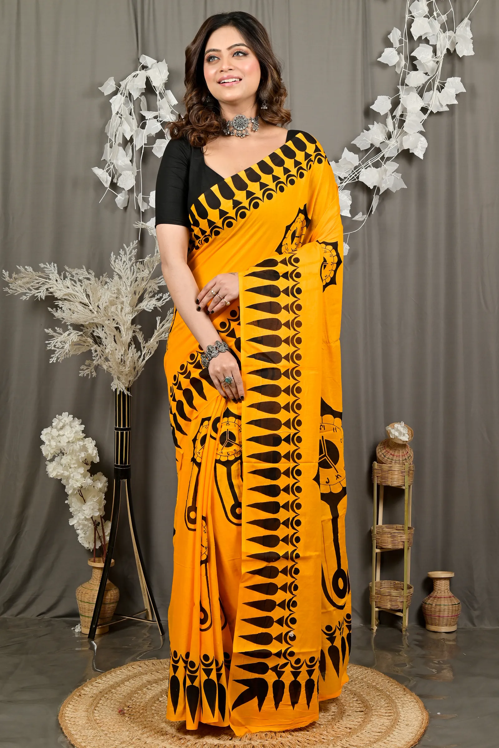 DipDiya Pure Cotton Yellow Febui Bengali Heritage Printed Handloom Sarees
