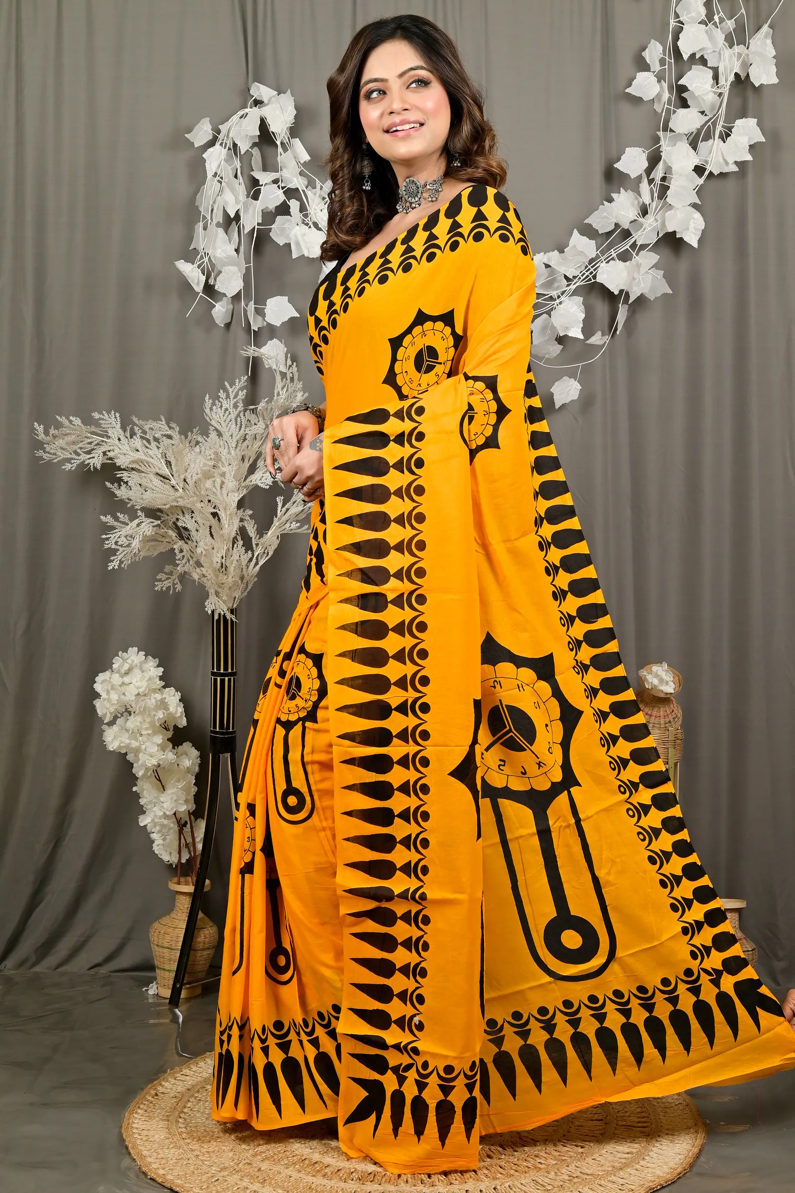 DipDiya Pure Cotton Yellow Febui Bengali Heritage Printed Handloom Sarees