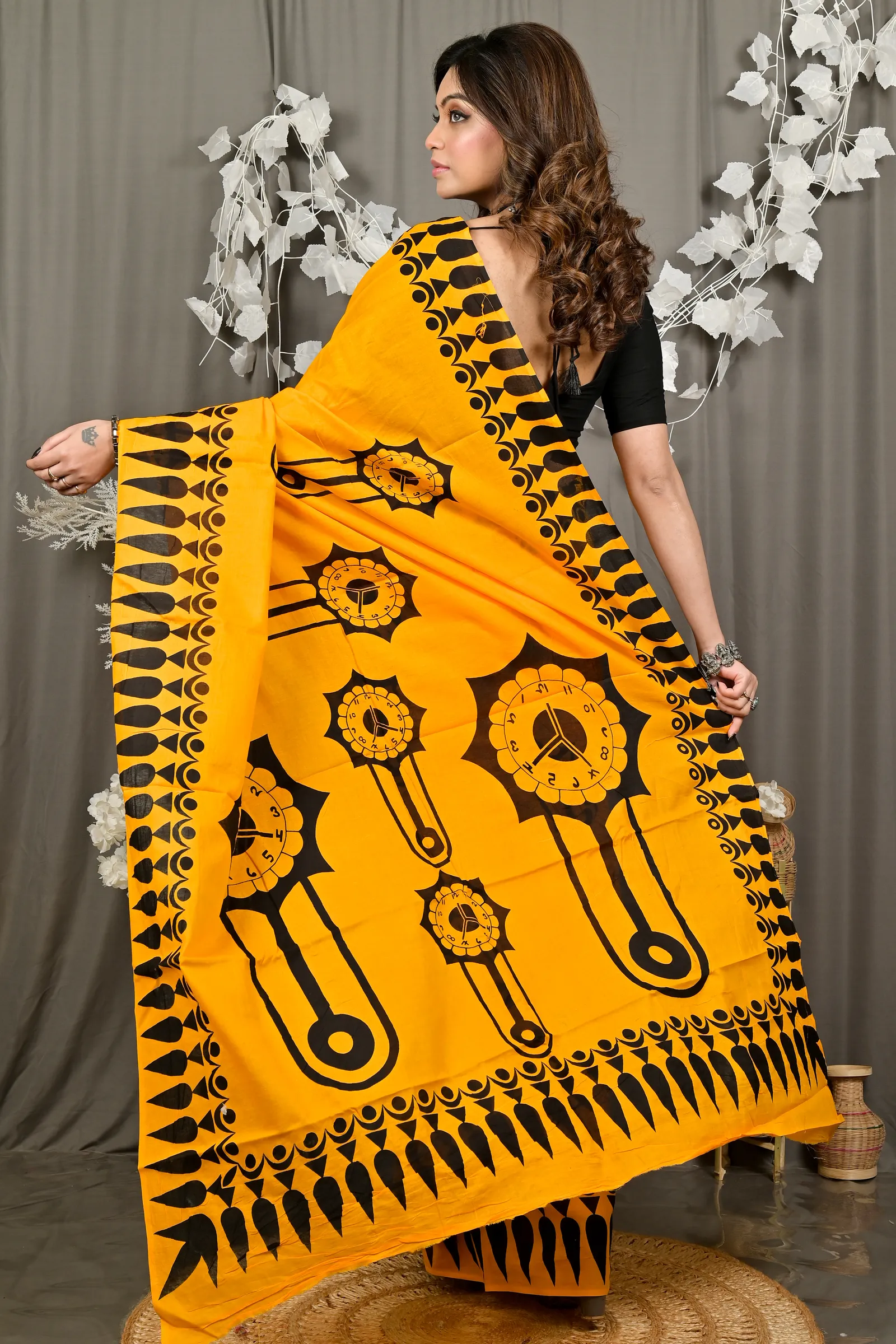 DipDiya Pure Cotton Yellow Febui Bengali Heritage Printed Handloom Sarees