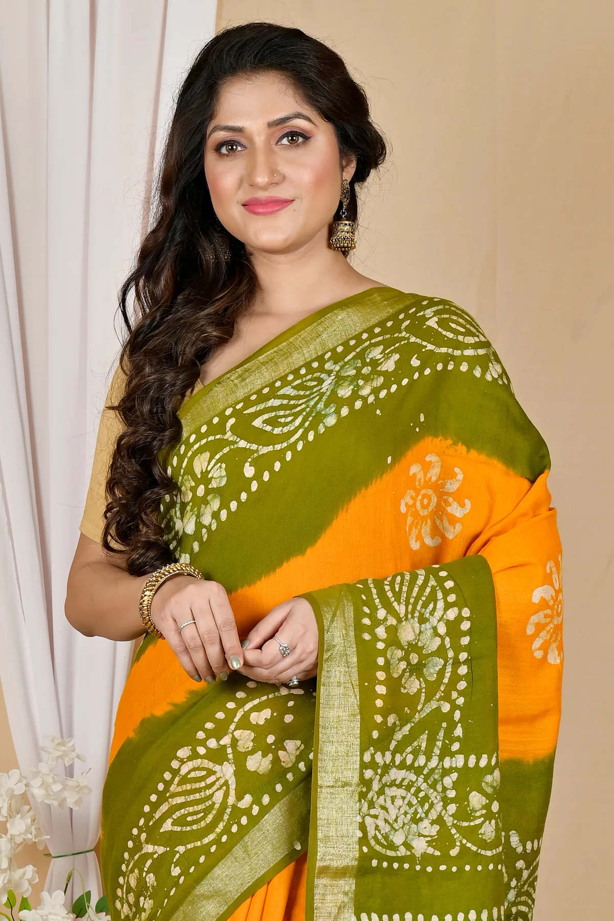 DipDiya Pure Cotton Yellow Green Batikato Grace of Bengal Batik Print Sarees