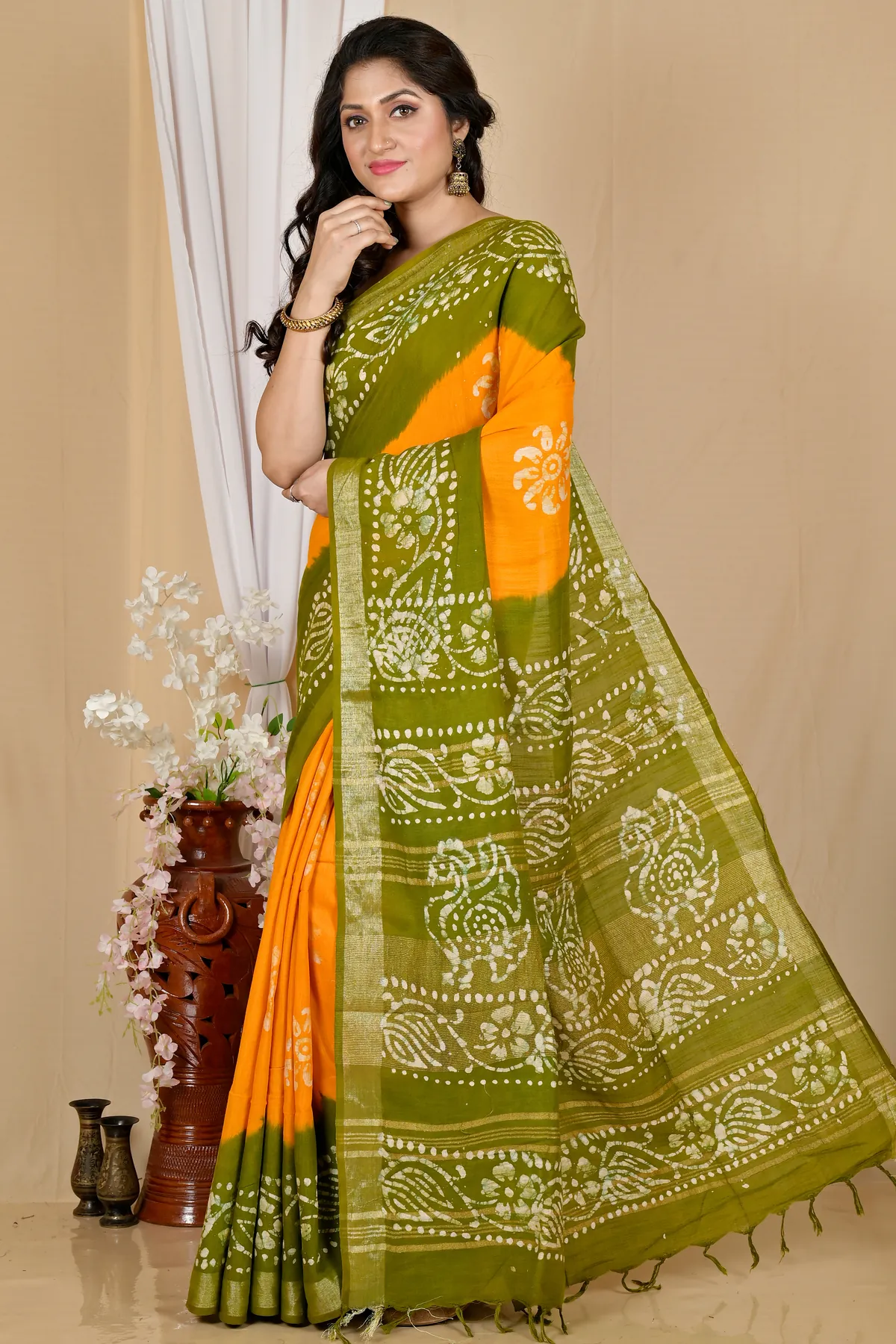 DipDiya Pure Cotton Yellow Green Batikato Grace of Bengal Batik Print Sarees