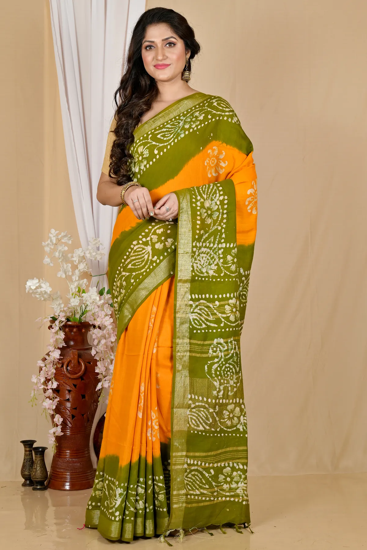 DipDiya Pure Cotton Yellow Green Batikato Grace of Bengal Batik Print Sarees