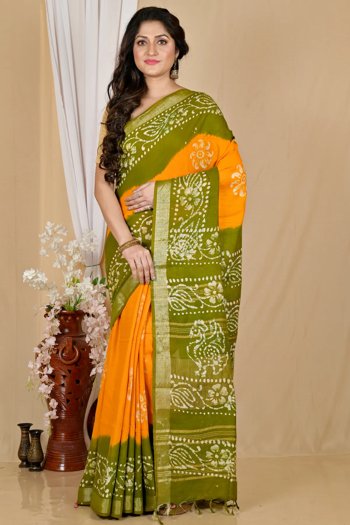DipDiya Pure Cotton Yellow Green Batikato Grace of Bengal Batik Print Sarees