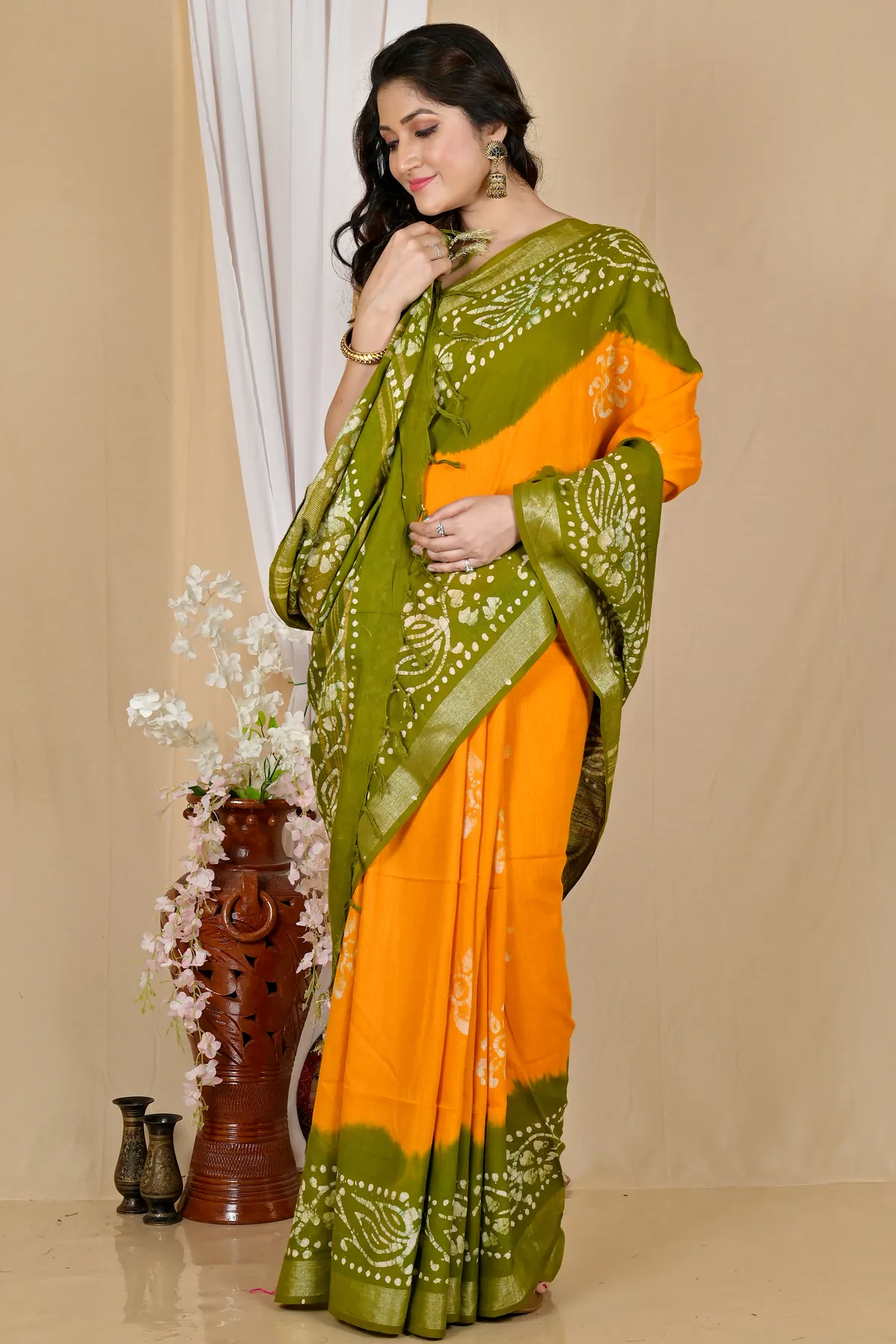DipDiya Pure Cotton Yellow Green Batikato Grace of Bengal Batik Print Sarees