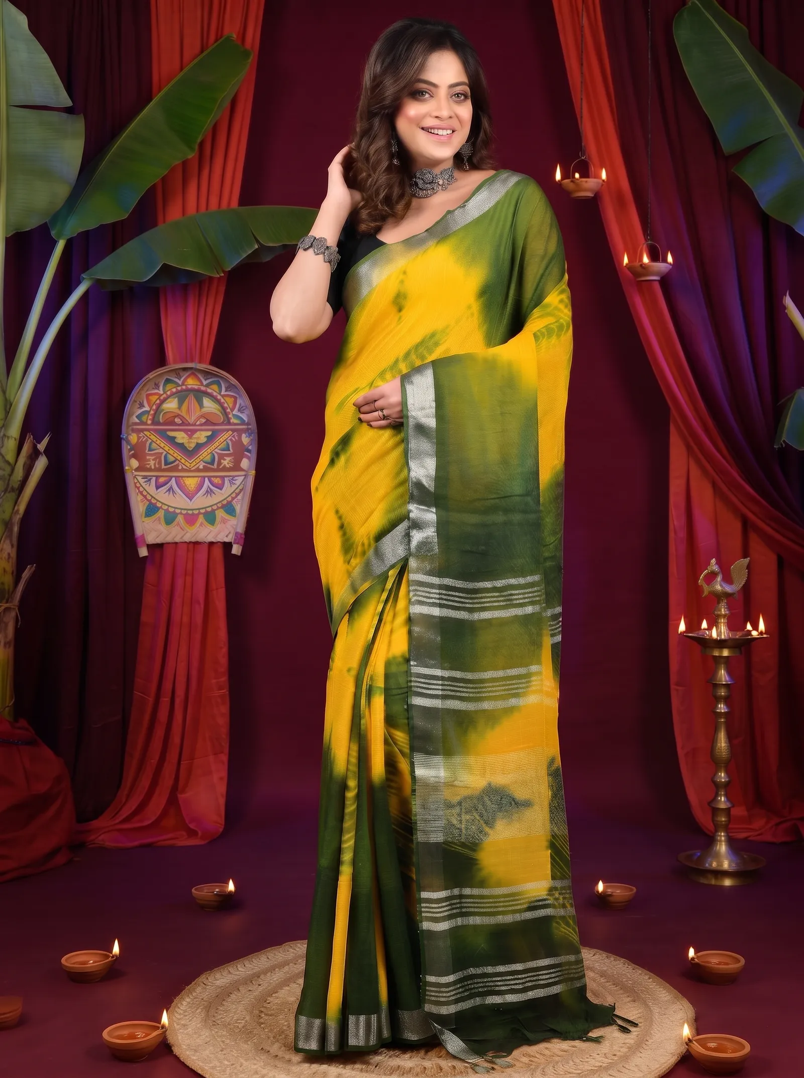 DipDiya Pure Cotton Yellow Green Finui Regal Bengali Handloom Sarees
