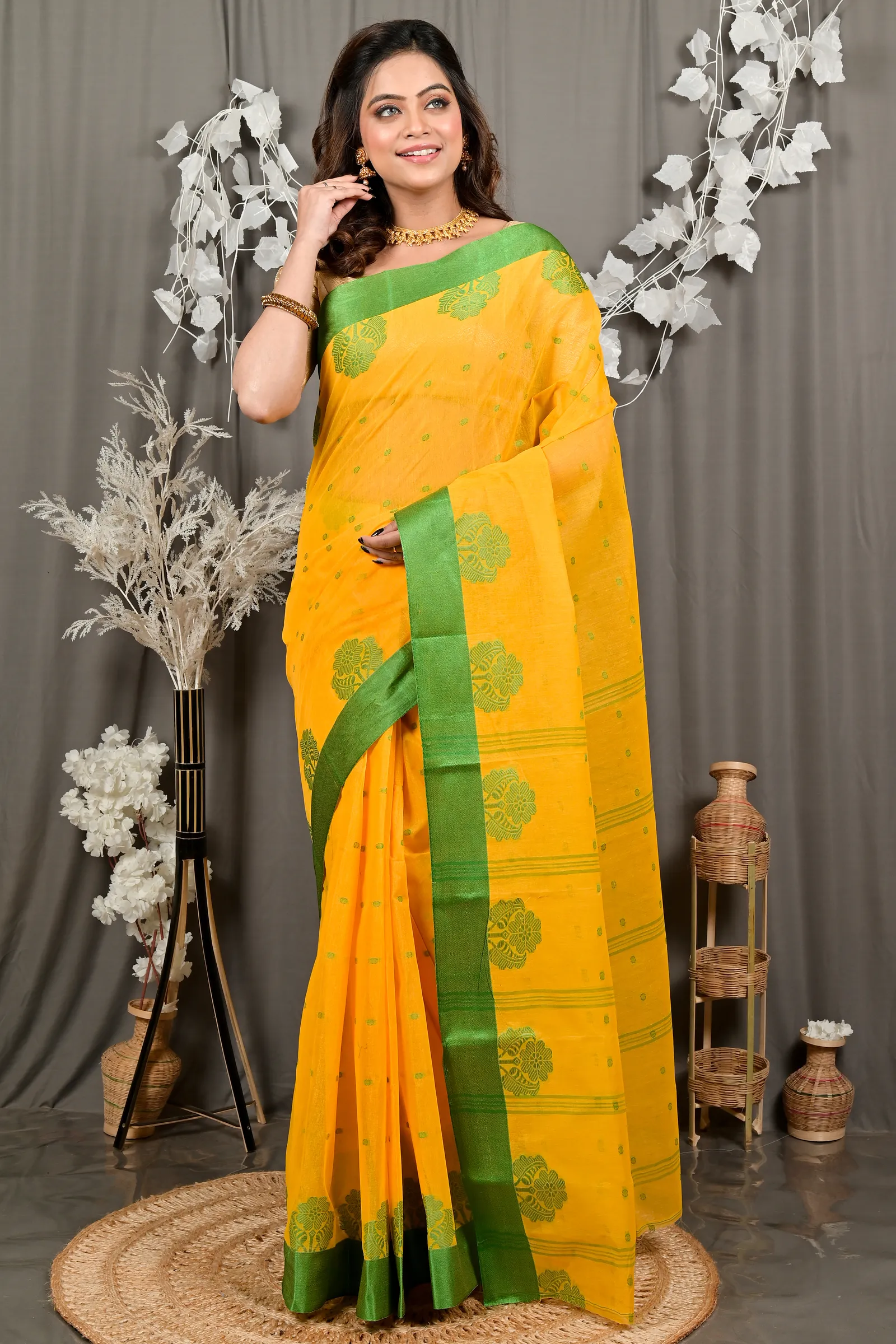 DipDiya Pure Cotton Yellow Green Fipani Tradition in Every Thread Tant Sarees