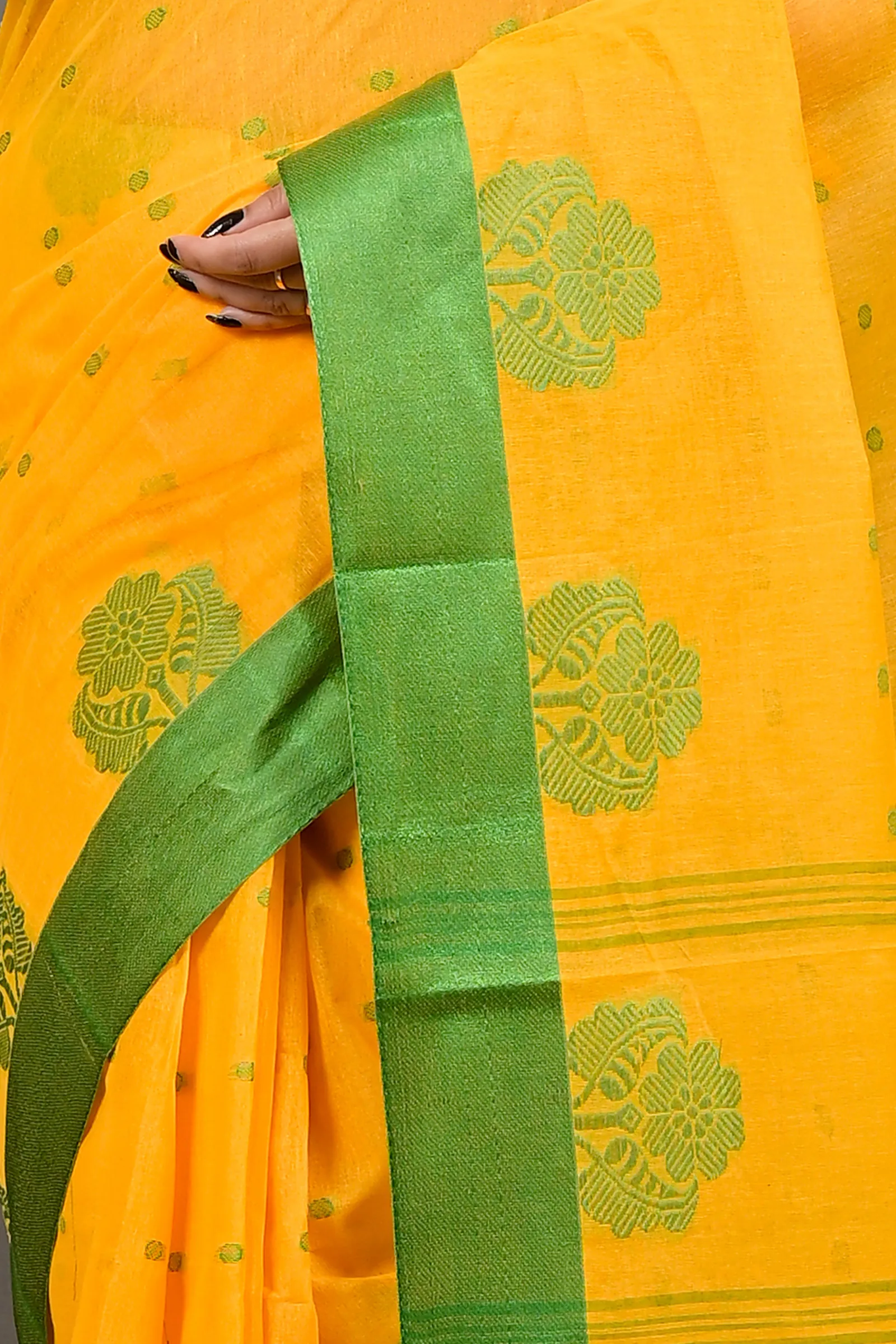 DipDiya Pure Cotton Yellow Green Fipani Tradition in Every Thread Tant Sarees