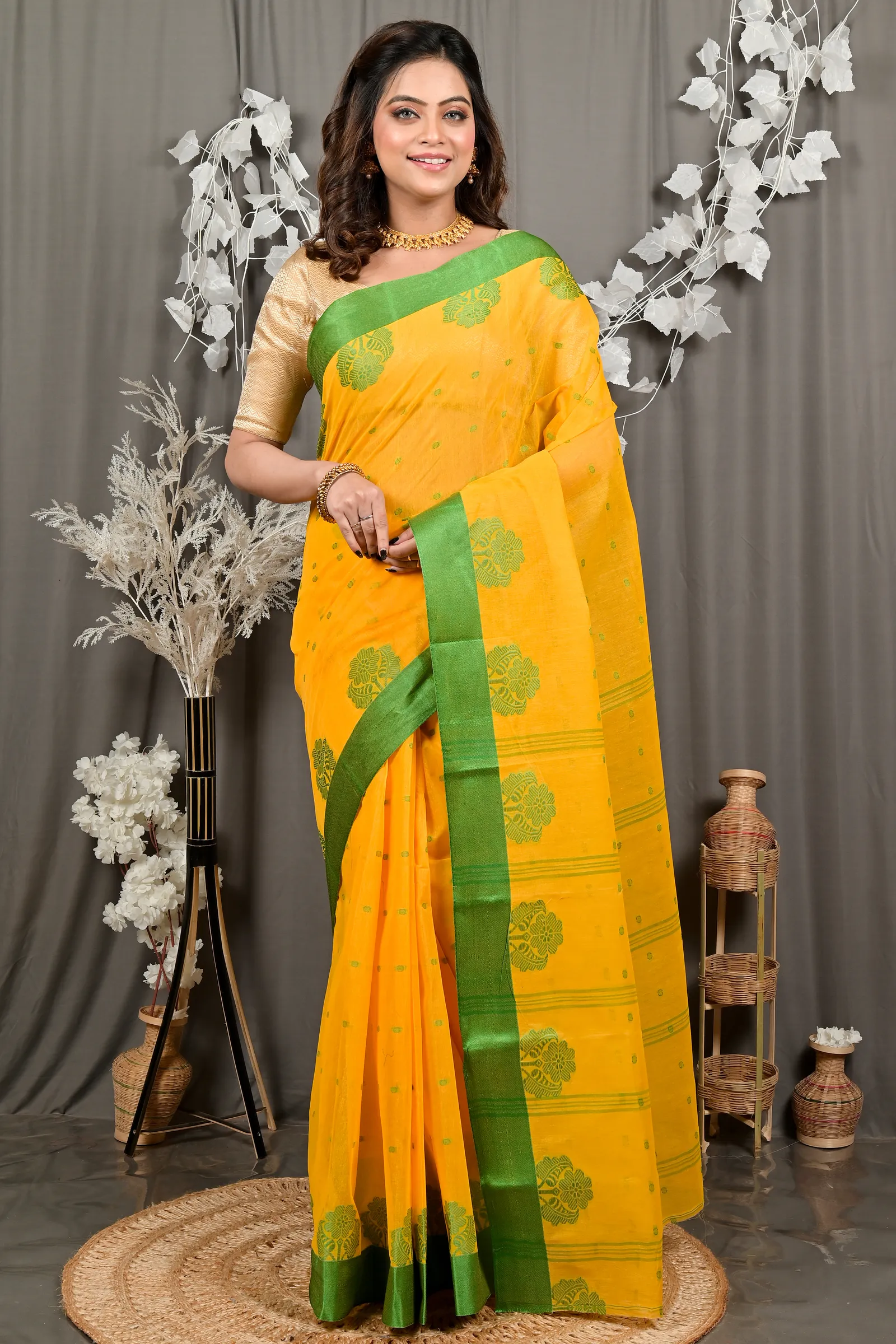 DipDiya Pure Cotton Yellow Green Fipani Tradition in Every Thread Tant Sarees