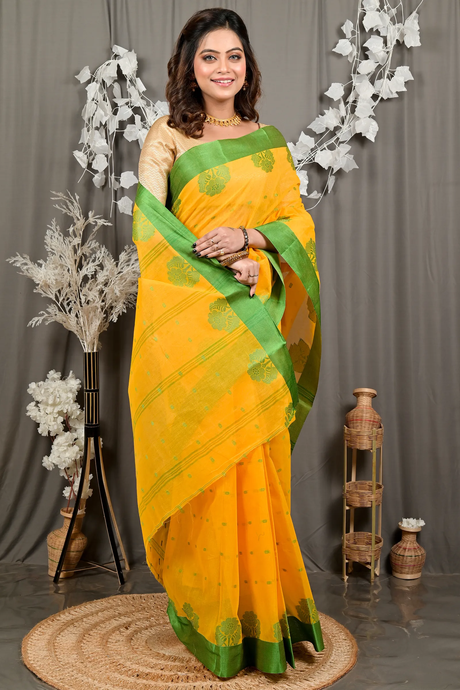 DipDiya Pure Cotton Yellow Green Fipani Tradition in Every Thread Tant Sarees
