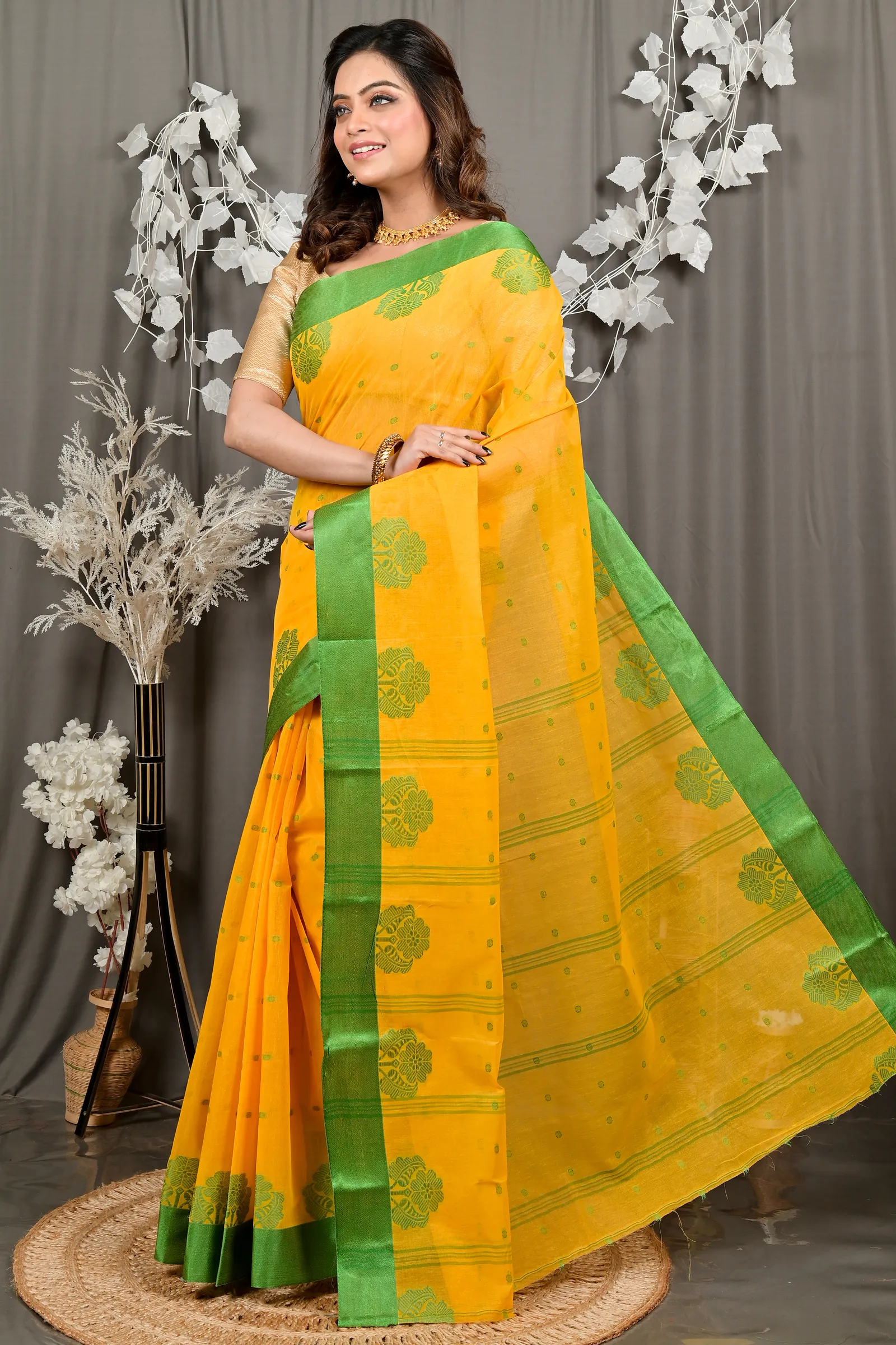 DipDiya Pure Cotton Yellow Green Fipani Tradition in Every Thread Tant Sarees
