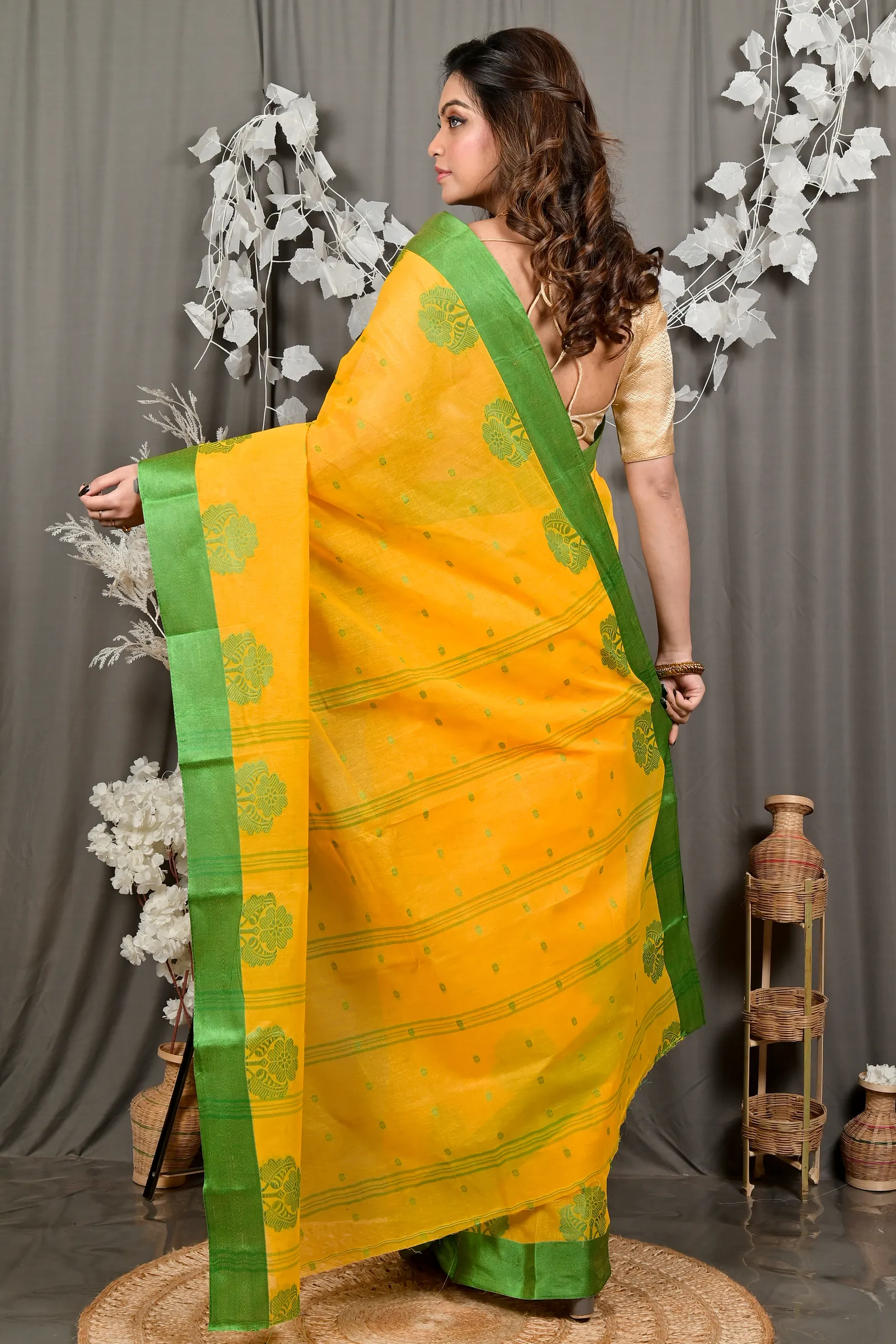 DipDiya Pure Cotton Yellow Green Fipani Tradition in Every Thread Tant Sarees