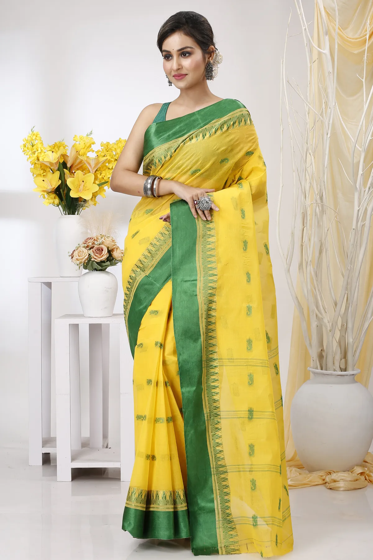 DipDiya Pure Cotton Yellow Green Lagan Grace of Bengal Tant Sarees