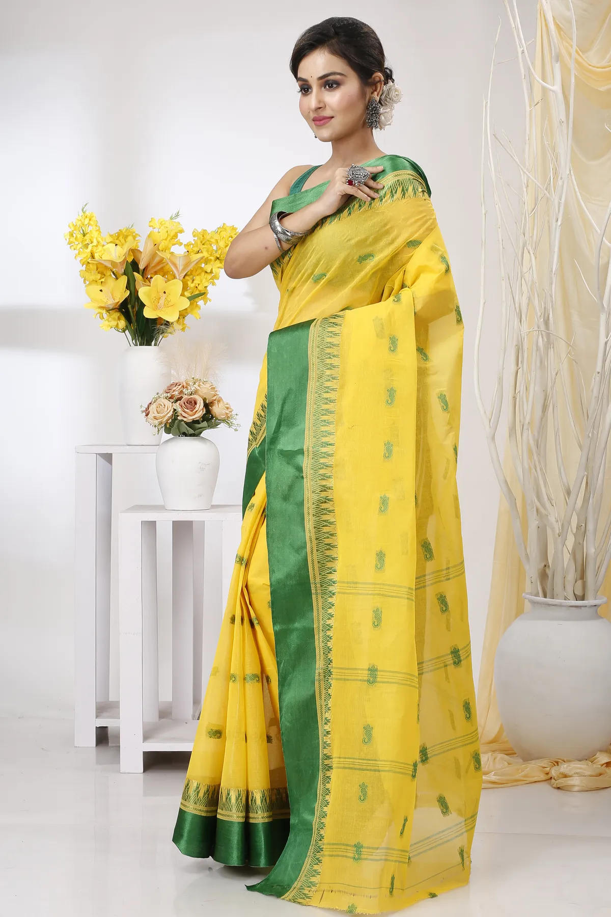 DipDiya Pure Cotton Yellow Green Lagan Grace of Bengal Tant Sarees