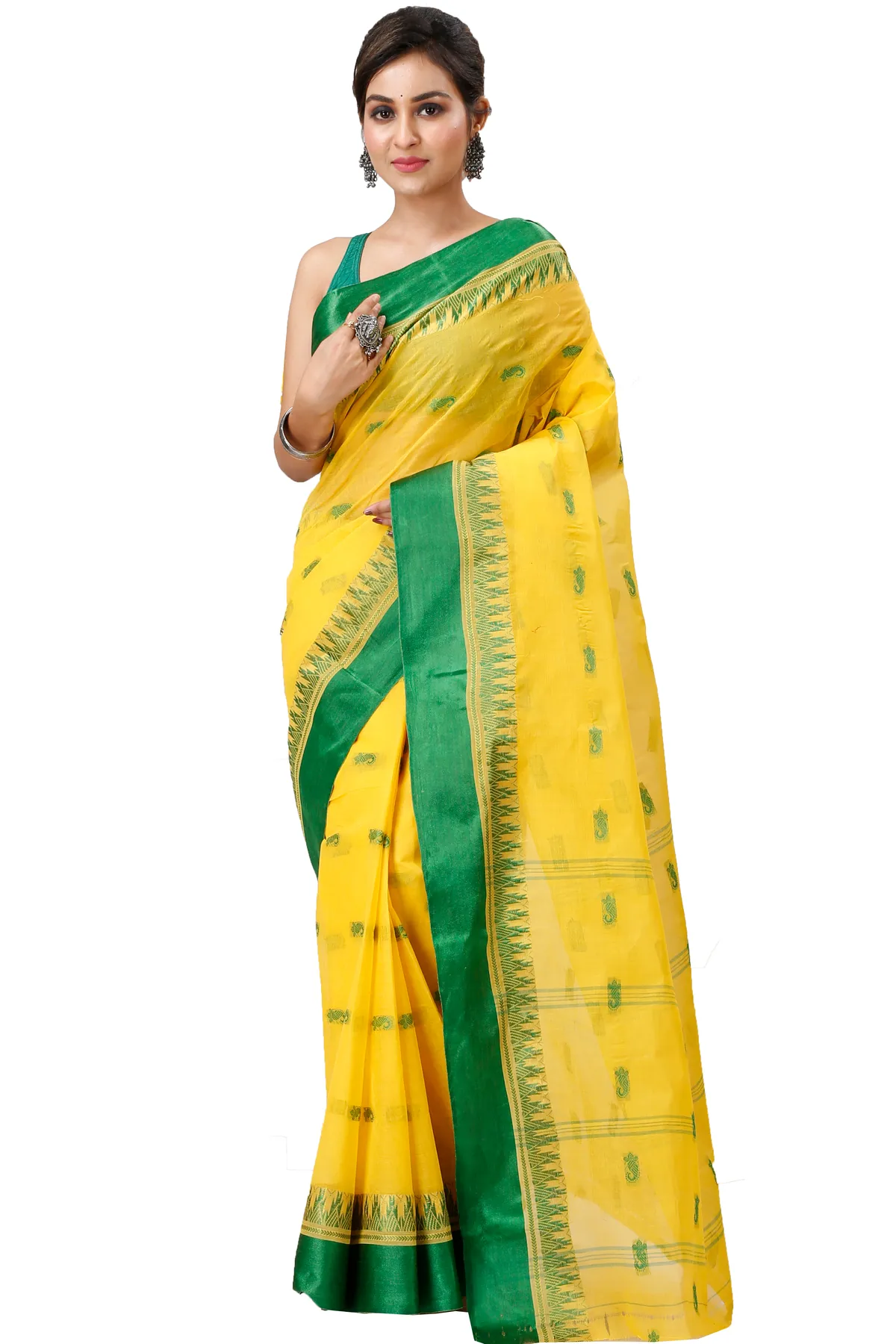 DipDiya Pure Cotton Yellow Green Lagan Grace of Bengal Tant Sarees