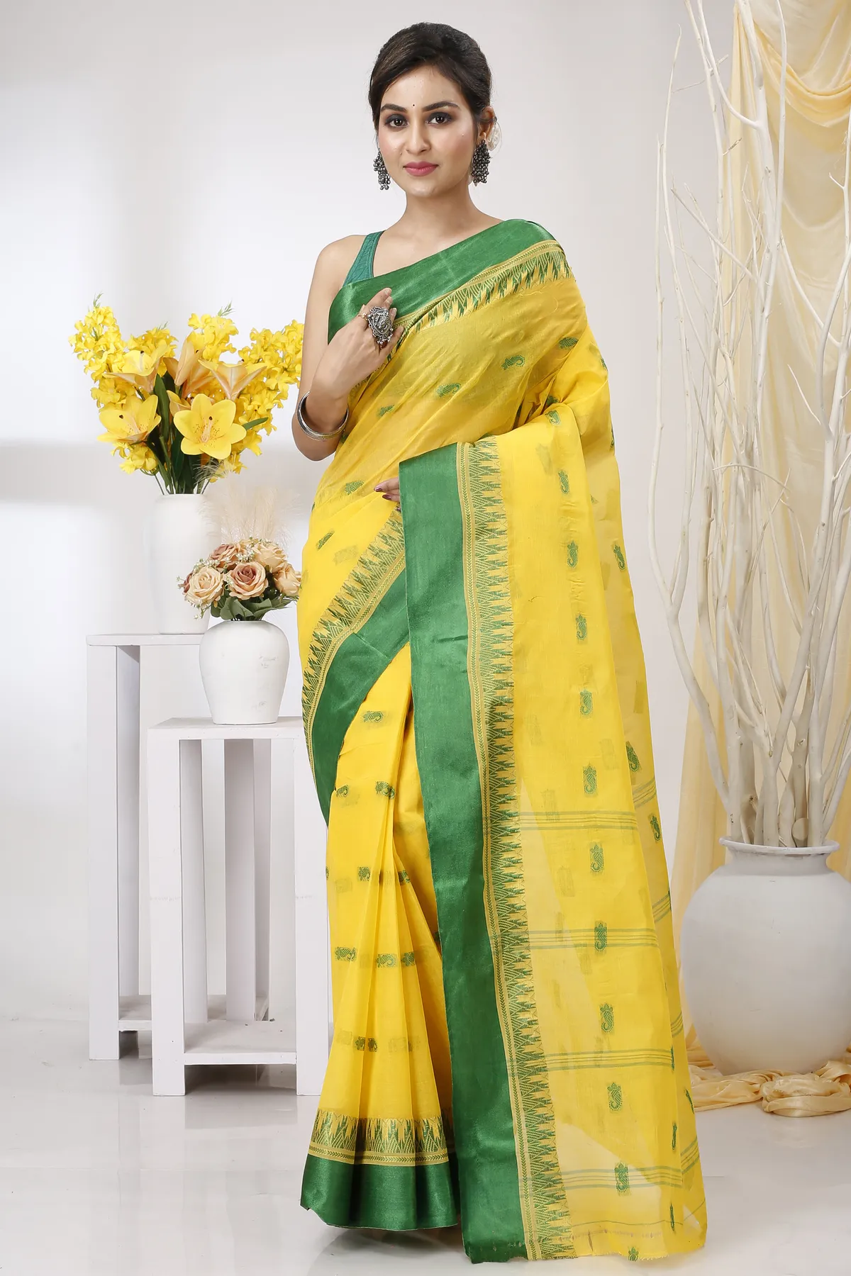 DipDiya Pure Cotton Yellow Green Lagan Grace of Bengal Tant Sarees