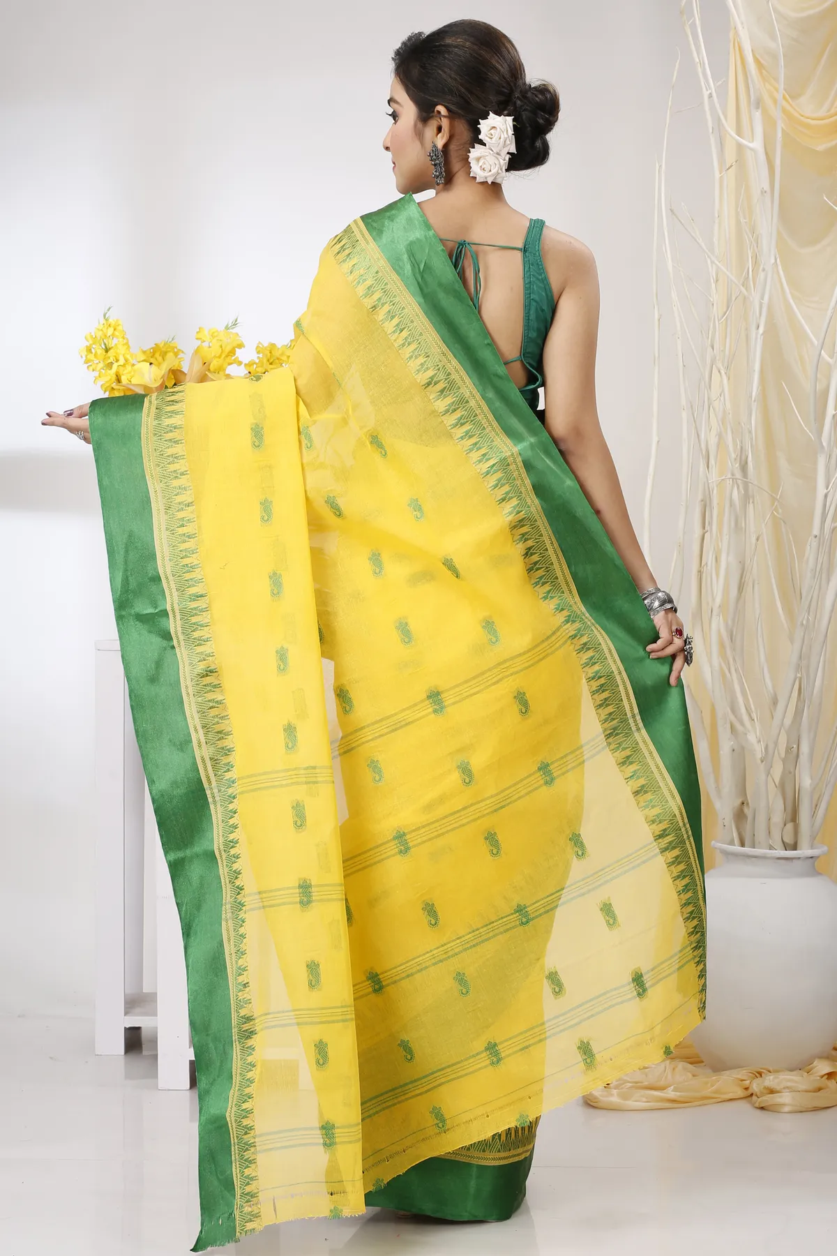 DipDiya Pure Cotton Yellow Green Lagan Grace of Bengal Tant Sarees