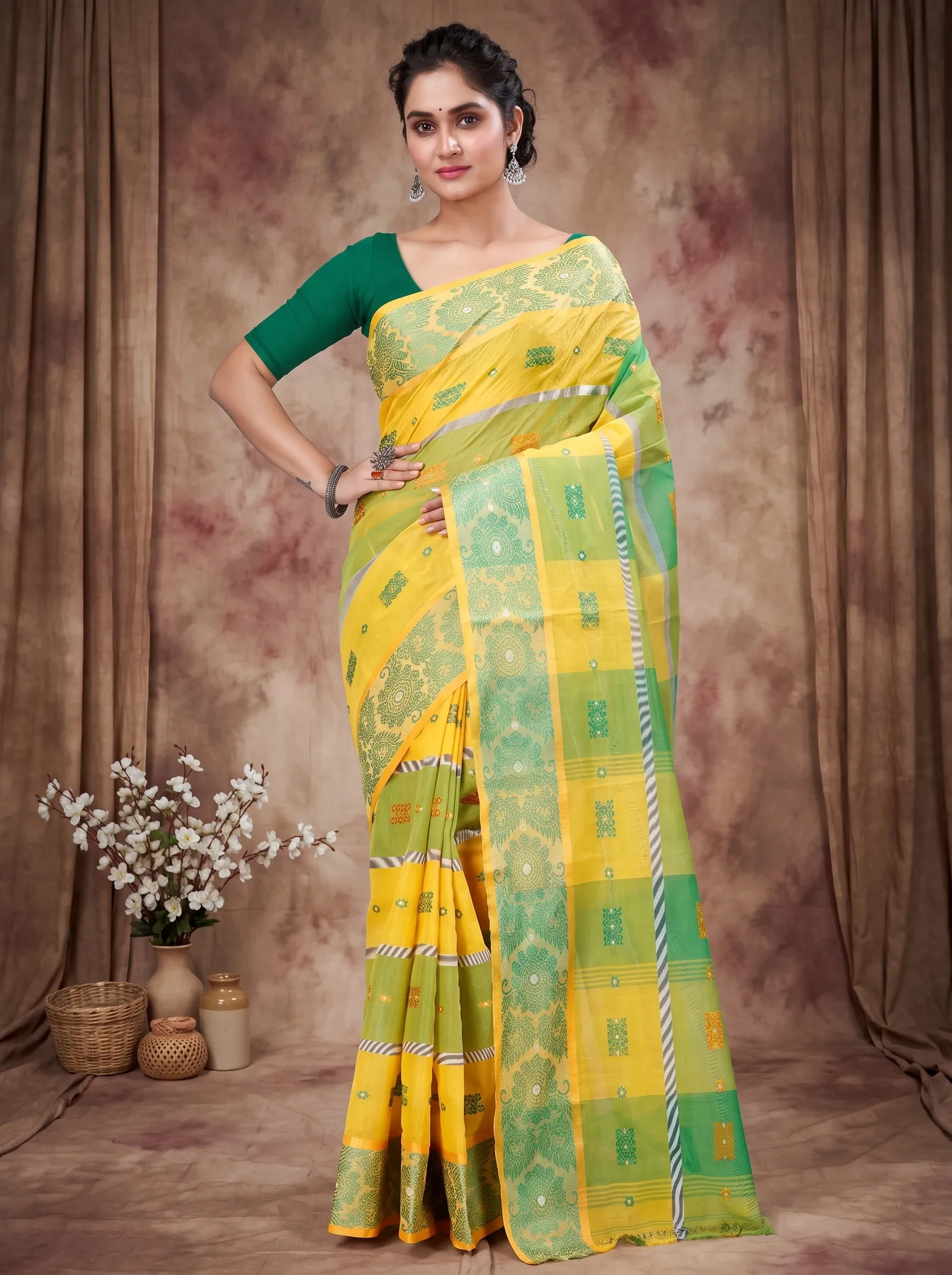 DipDiya Pure Cotton Yellow Green RajSahi Regal Bengali Tant Sarees