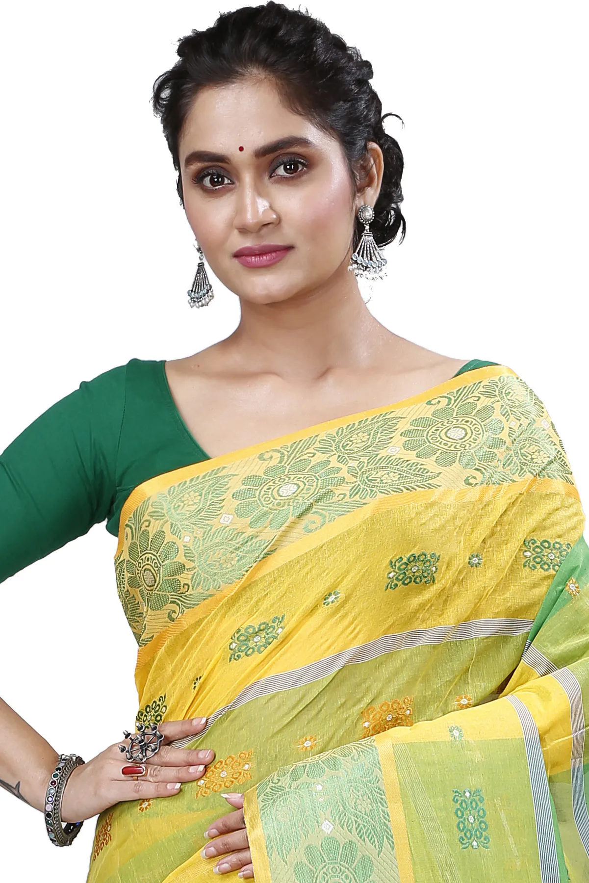 DipDiya Pure Cotton Yellow Green RajSahi Regal Bengali Tant Sarees