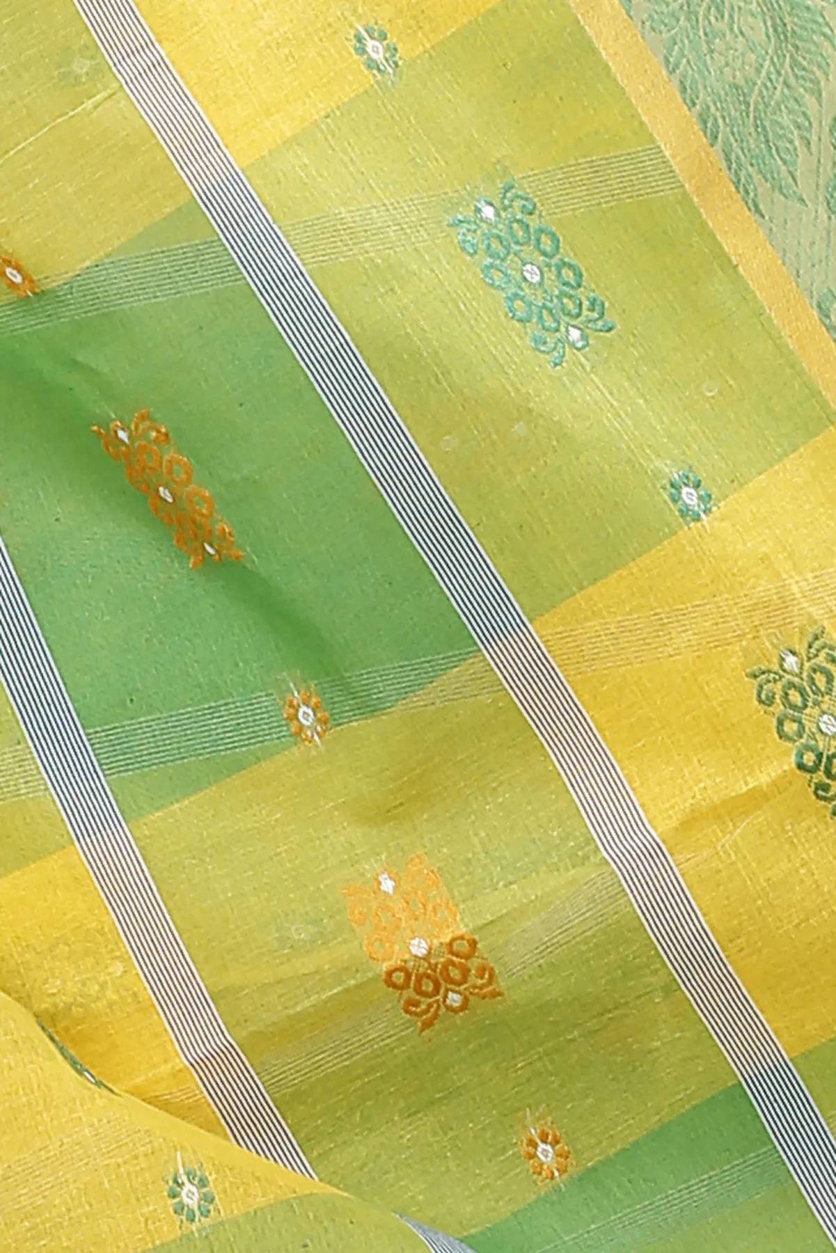 DipDiya Pure Cotton Yellow Green RajSahi Regal Bengali Tant Sarees