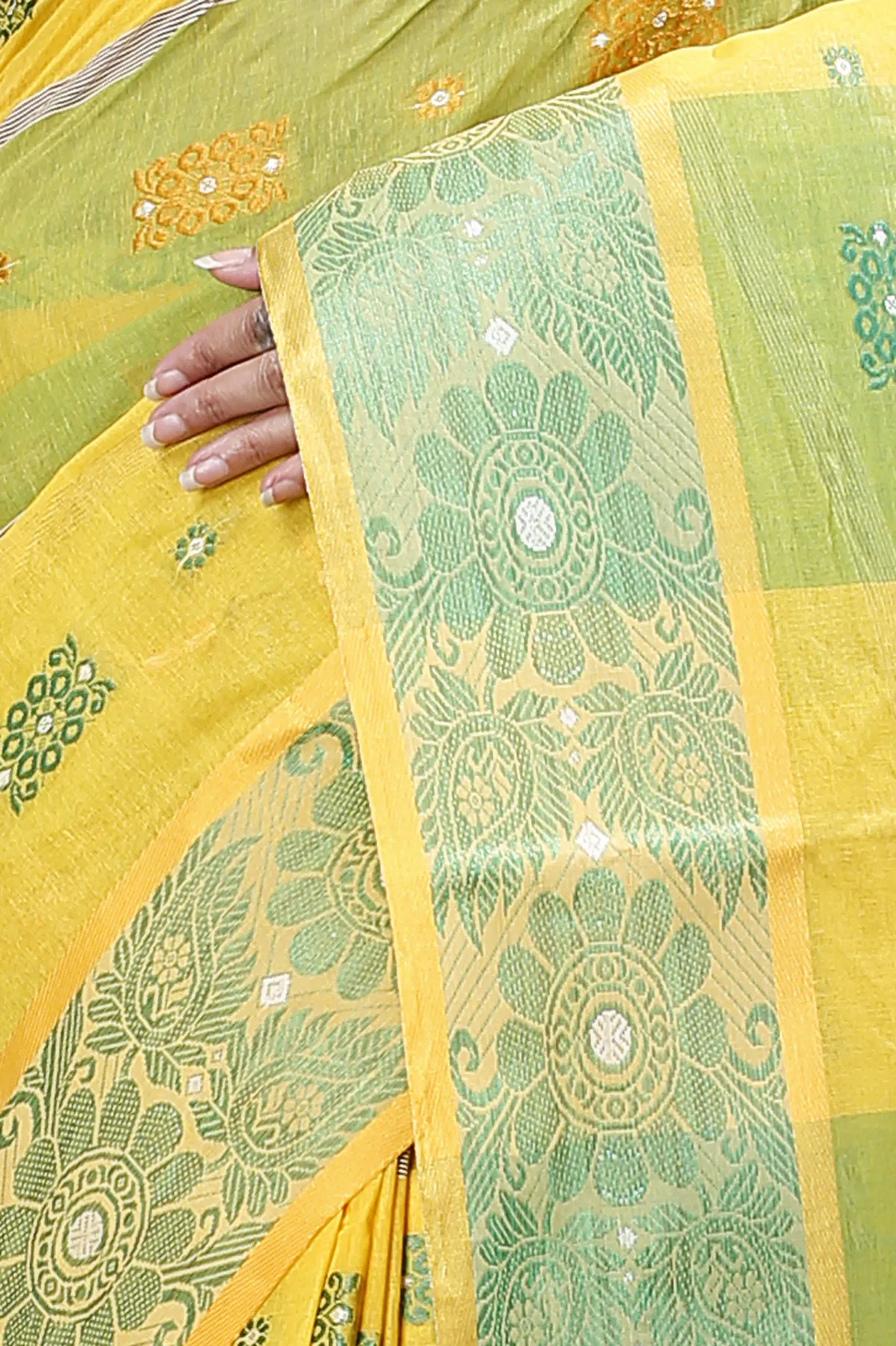 DipDiya Pure Cotton Yellow Green RajSahi Regal Bengali Tant Sarees