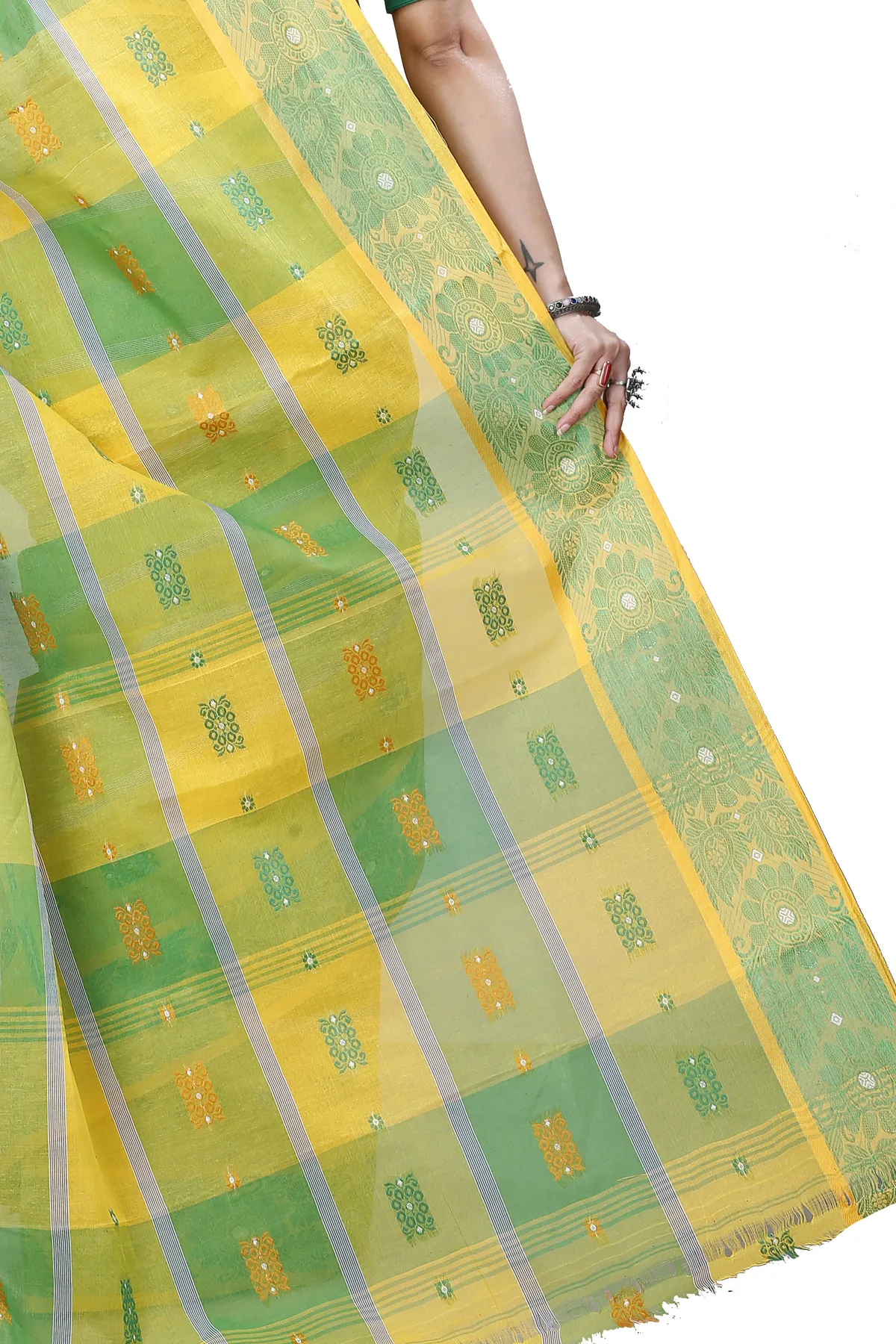 DipDiya Pure Cotton Yellow Green RajSahi Regal Bengali Tant Sarees