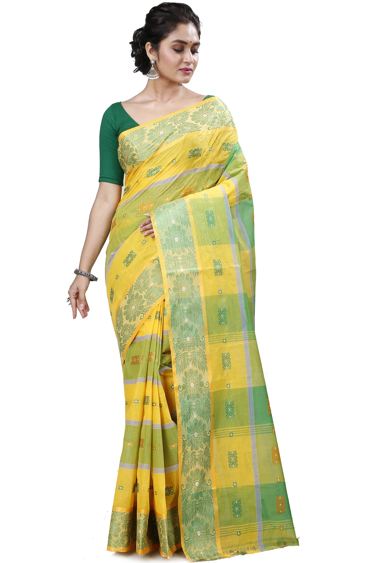 DipDiya Pure Cotton Yellow Green RajSahi Regal Bengali Tant Sarees