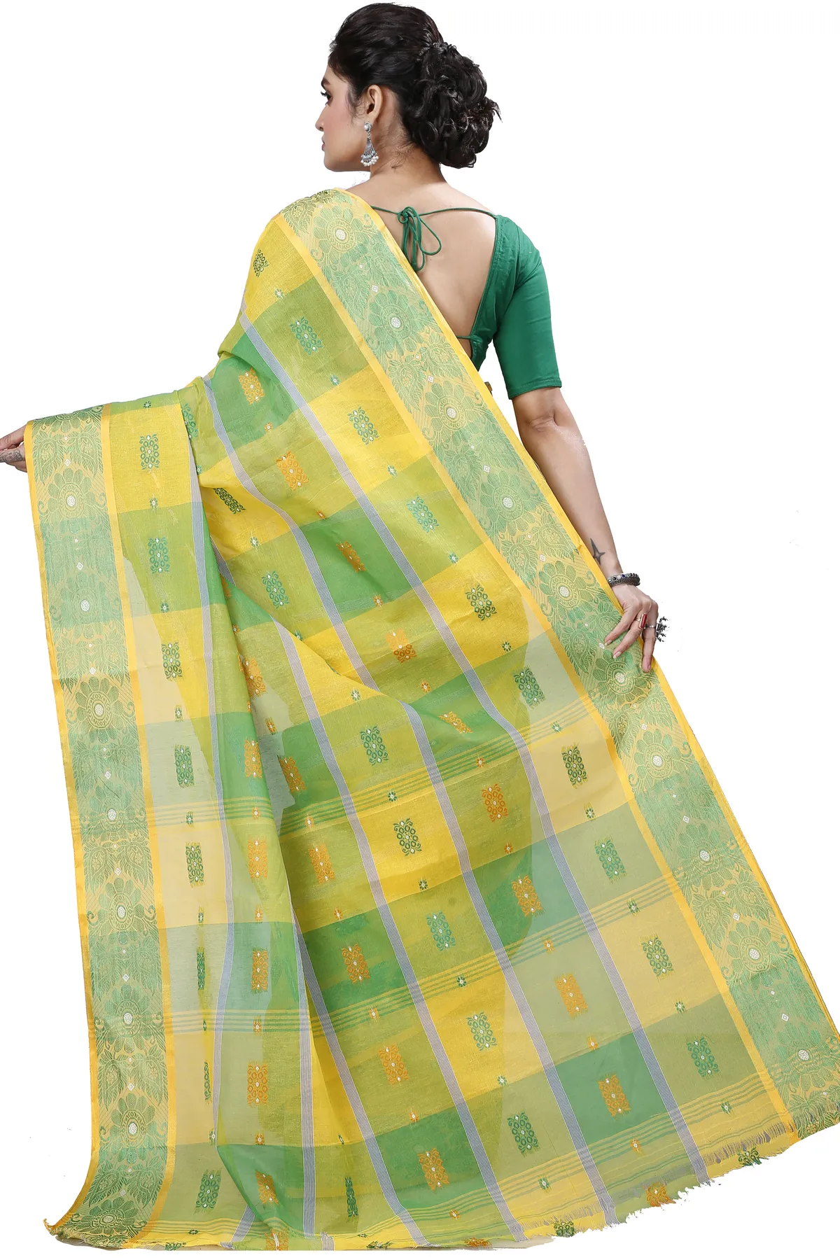 DipDiya Pure Cotton Yellow Green RajSahi Regal Bengali Tant Sarees