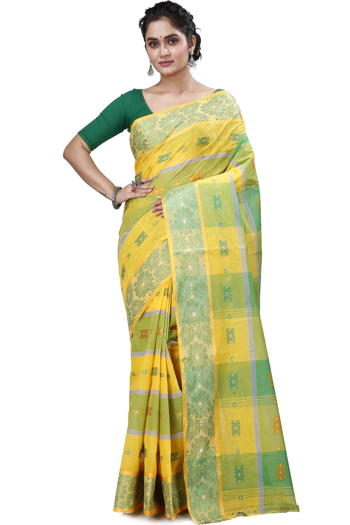 DipDiya Pure Cotton Yellow Green RajSahi Regal Bengali Tant Sarees